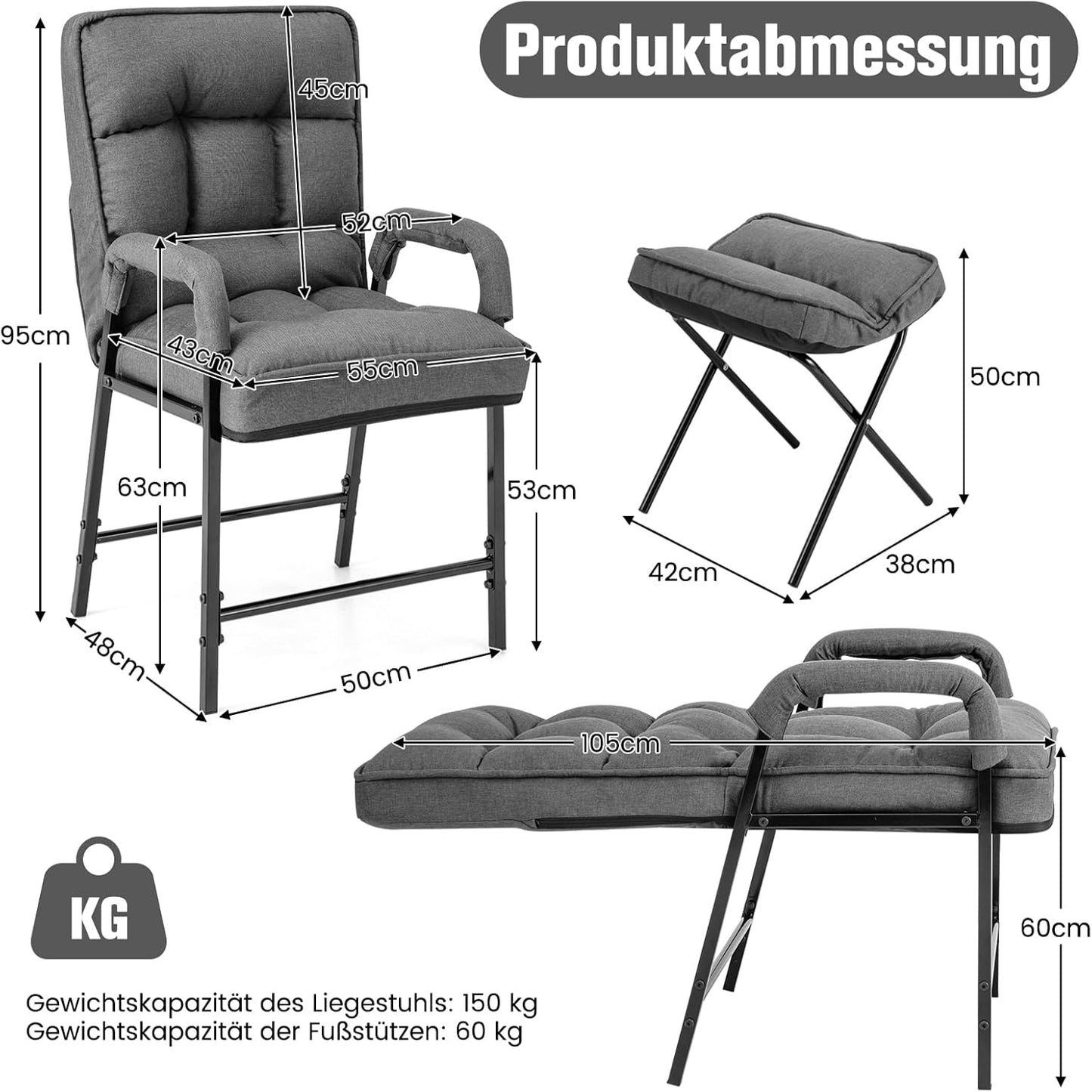 Relaxstoel – Verstelbare Lounger – Ligstoel – Fauteuil – Ergonomische Relaxfauteuil – Verstelbare Rugleuning – 100% Linnen Bekleding – Ergonomische Voetensteun – Grijs