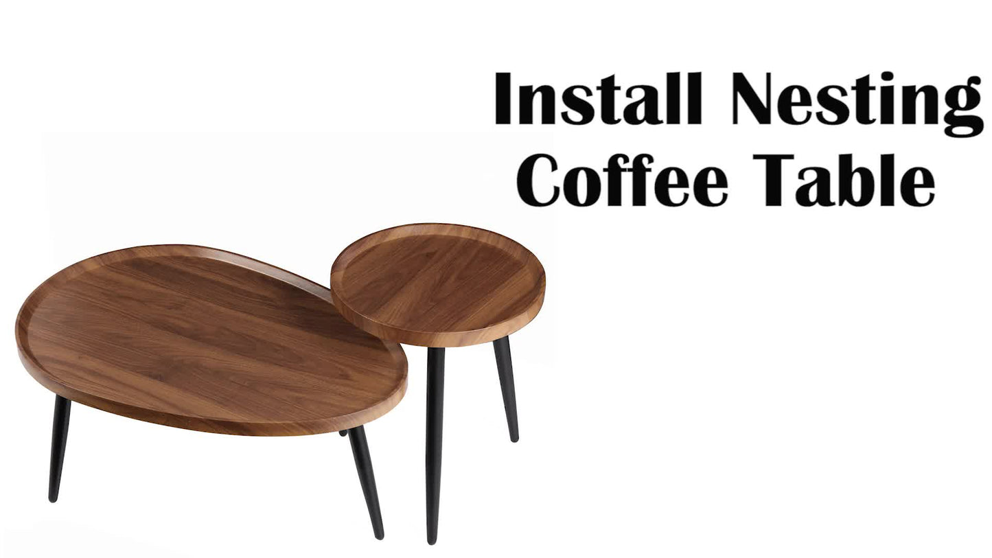 Industriële Bijzettafels – Salontafel – Side Table – Koffietafel – Nesting Tafels – Set van 2 – Walnootkleurig PVC Blad – Zwart Metalen Frame