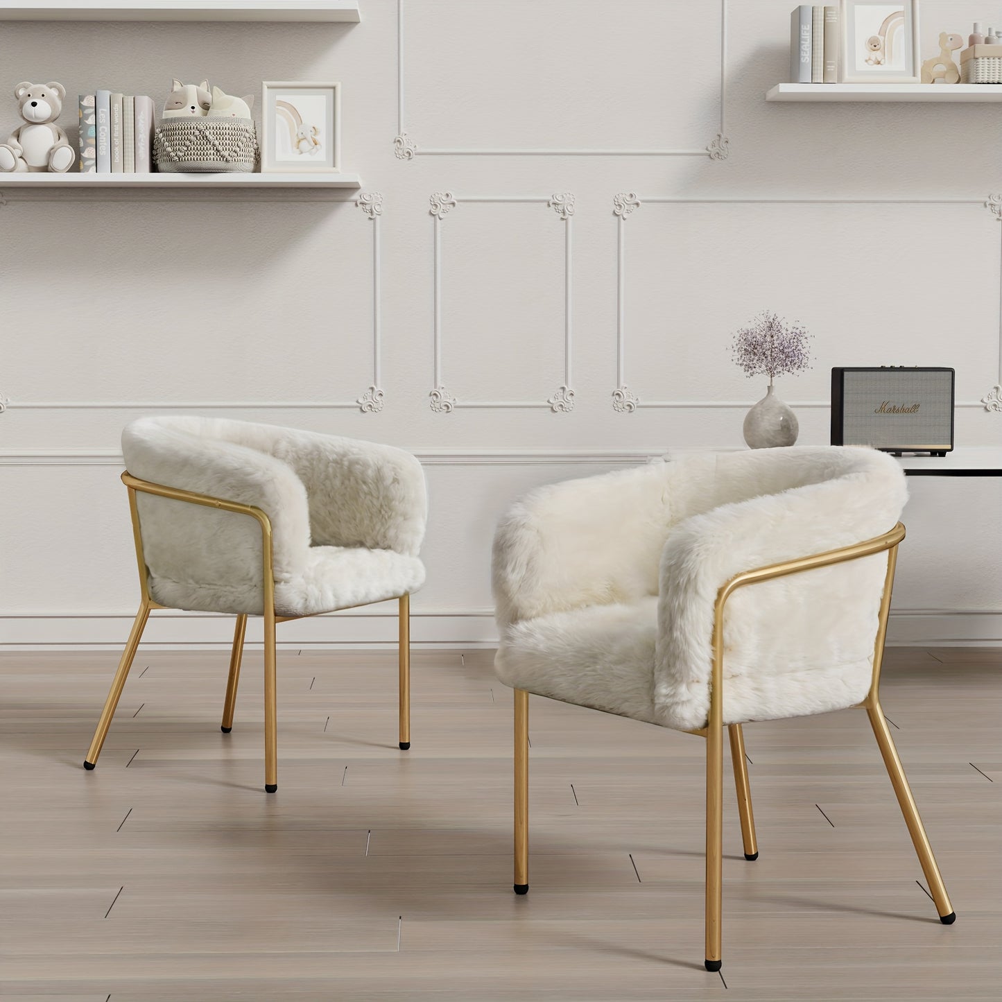 Eetkamerstoel – Fauteuil – Kuipstoel – Stoel – Draaistoel – Beige Imitatie Konijnenbont – Stevige Metalen Poten