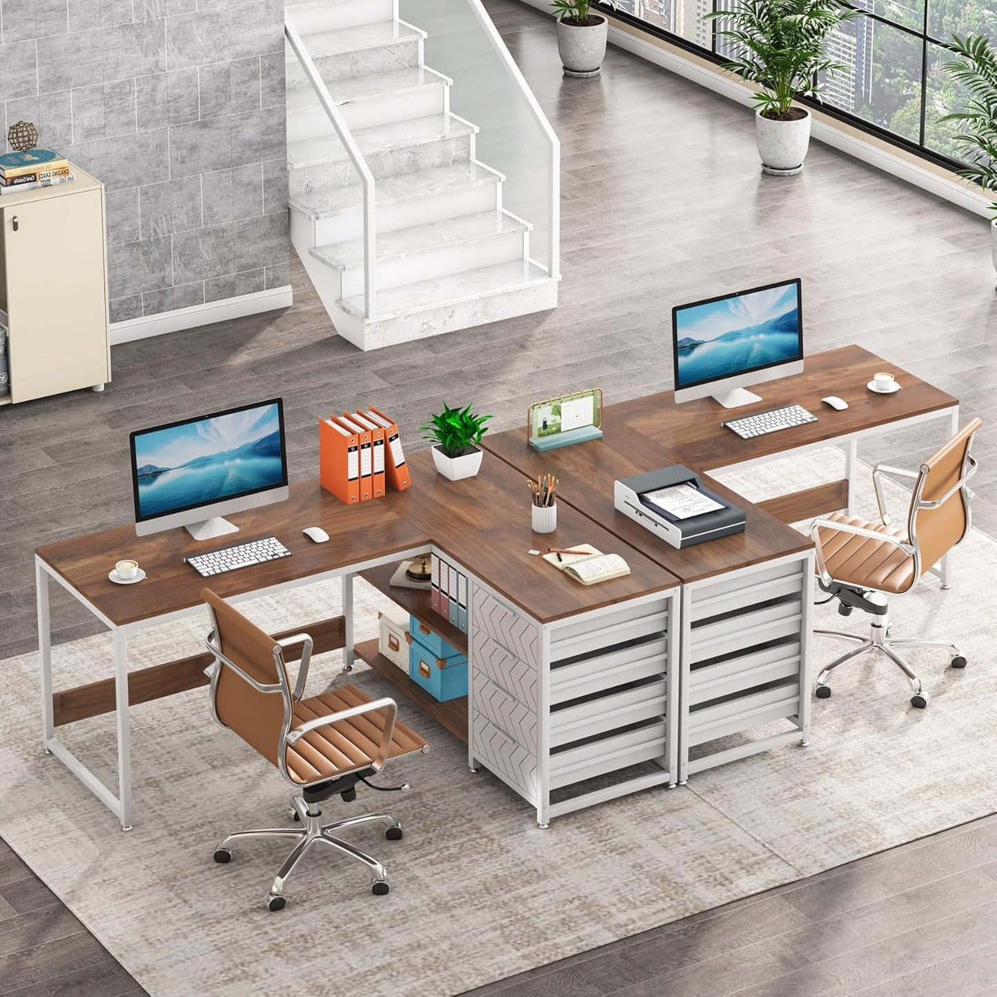 L-vormig Bureau – Hoekbureau – Computertafel – Werkplek Meubel – Bureau Met Laden – 150x110x75 cm – Notenhout & Wit – 4 Laden en 2 Planken – Omkeerbaar en Stevig