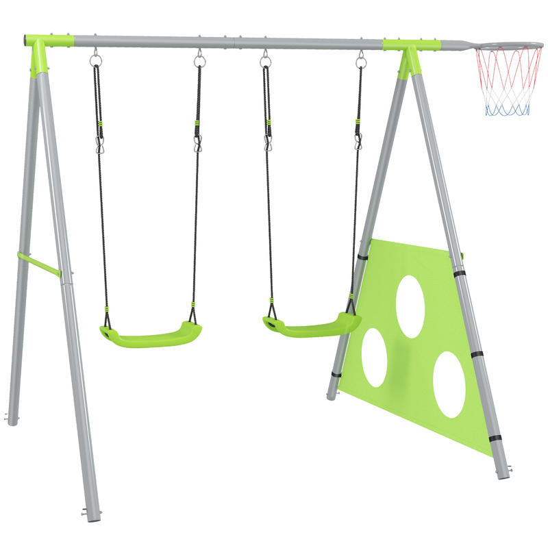 Swing Set for , 2 Swing Seats, 1 Basketball Hoop, 1 Soccer Goal, Metal Frame, Green, ' Play Equipment, ' Playground, Interactive Play Set, Fun Play Equipment, Weatherresistant Material, Safe For, Play Equipment, Sports Play S