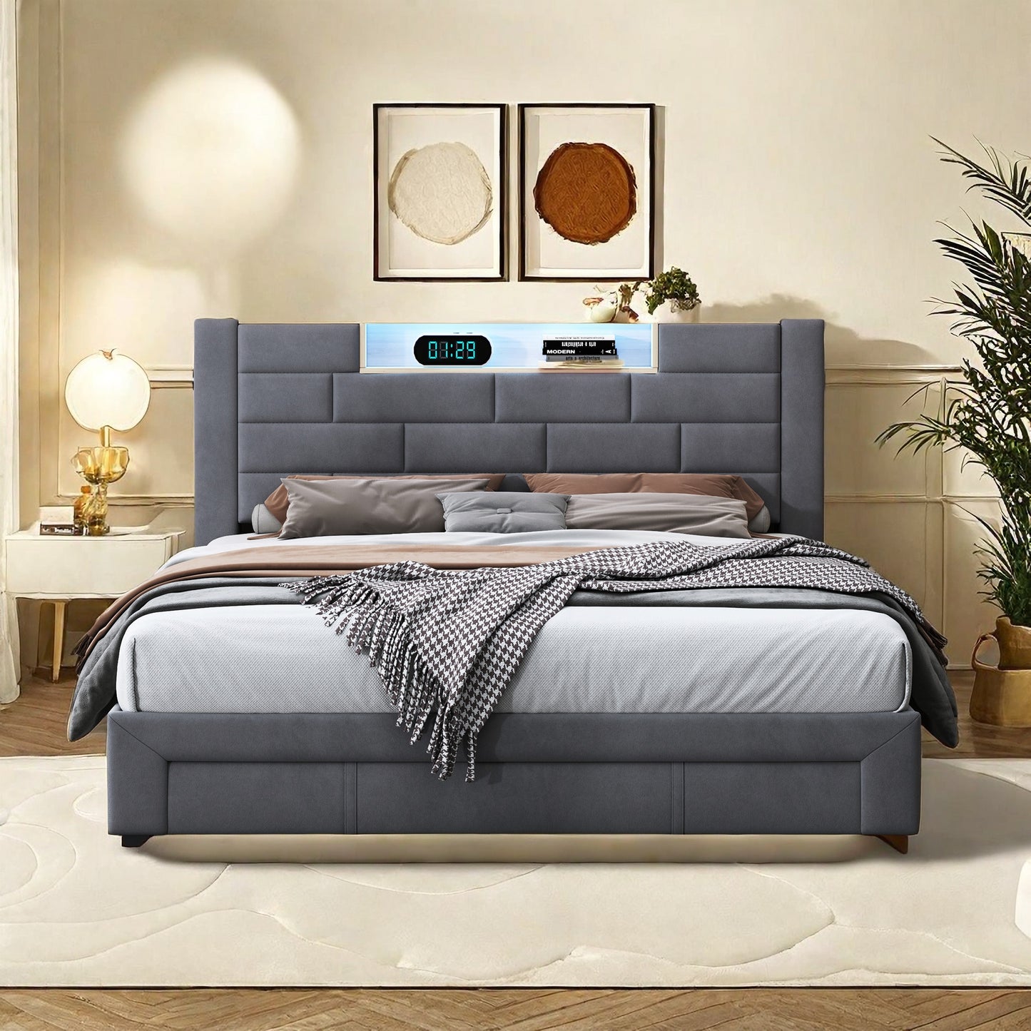 Bed met Opbergruimte – Opbergbed – Opbergboxspring – Tweepersoonsbed – Gestoffeerd Bed – LED Verlichting – USB Oplaadpoort – 140x200 cm – Fluwelen Metalen Frame