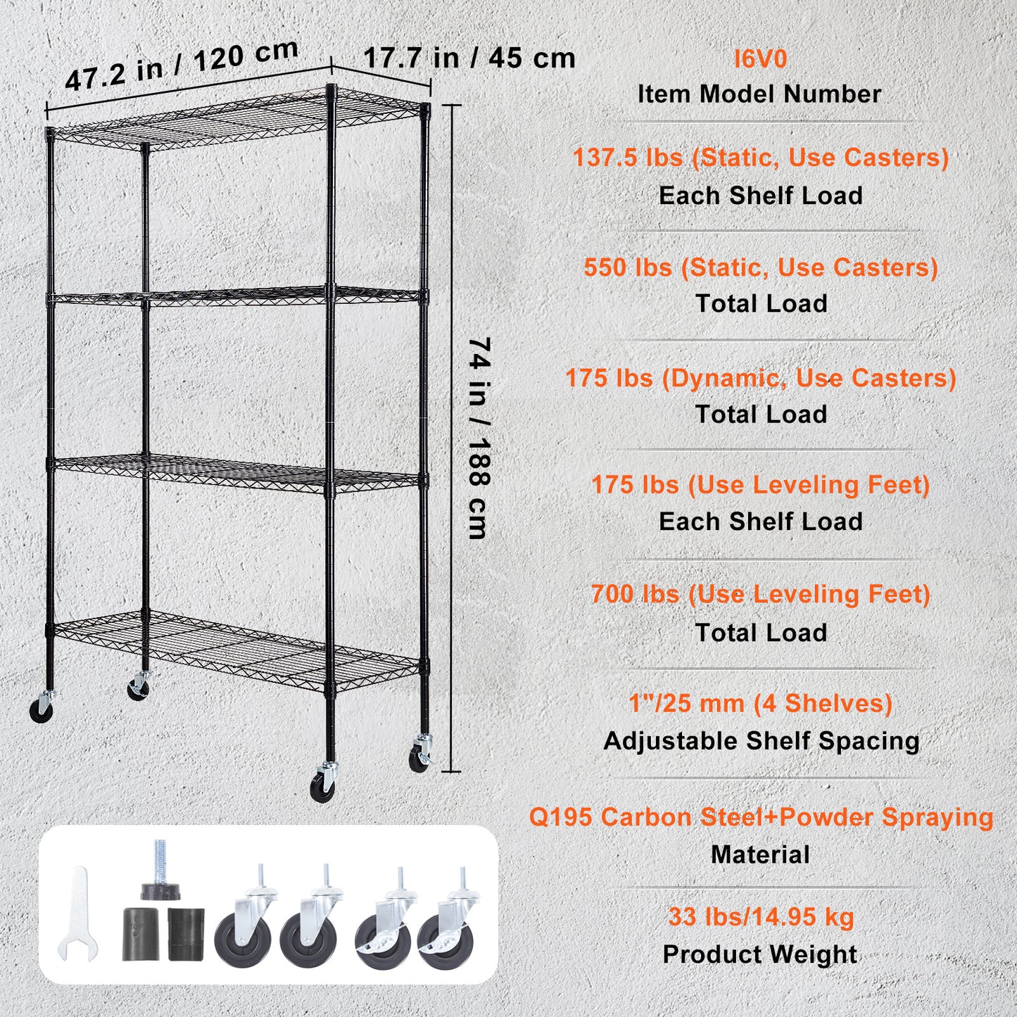 VEVOR Storage Shelving Unit with Wheels, 4-Tier Adjustable, 700 lbs Capacity, Heavy Duty Garage Shelves Metal Organizer Wire Rack, Black, 47.2" L x 17.7" W x 74" H for Kitchen Pantry Basement Bathroom