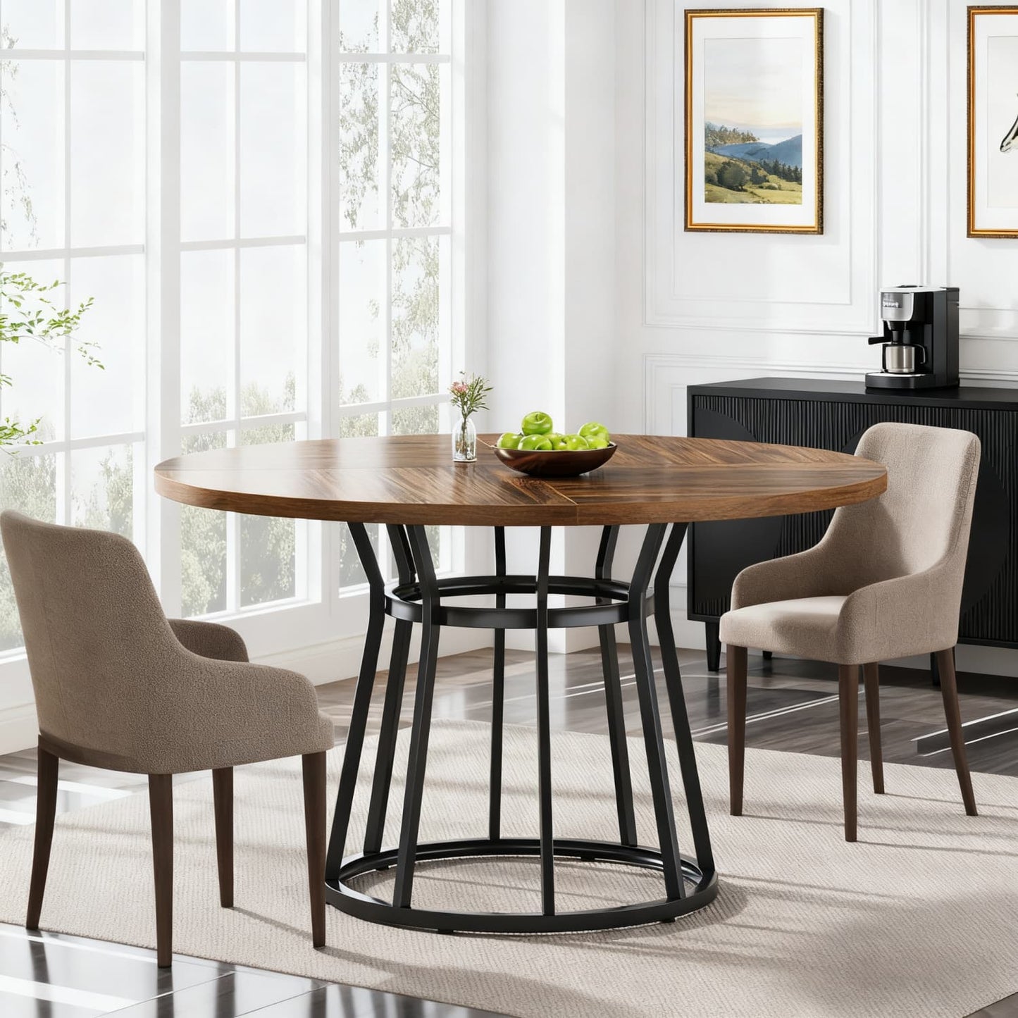Eettafel – Ronde Tafel – Keukentafel – Dinertafel – Tafel – 120 cm Diameter – Krasbestendig Spaanplaat Blad – Stabiel Metalen Onderstel Bruin