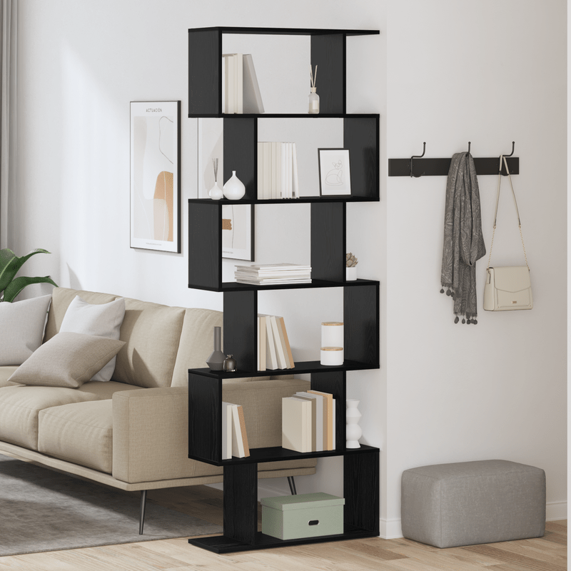 Boekenplank – Boekenrek – Wandplank – Wandrek – Boekenmeubel – Zwart Hout – 70x24x193,5 cm – Vrijstaand Met 6 Open Planken – Stevig En Minimalistisch Design