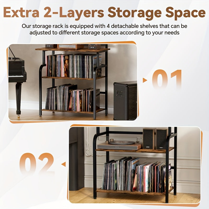 Platenrek – LP Opbergsysteem – Platenhouder – Vinylkast – Platenspeler Meubel – 6 Lagen – Massief Hout En Metaal – Extra Groot Tafelblad 78x38 cm