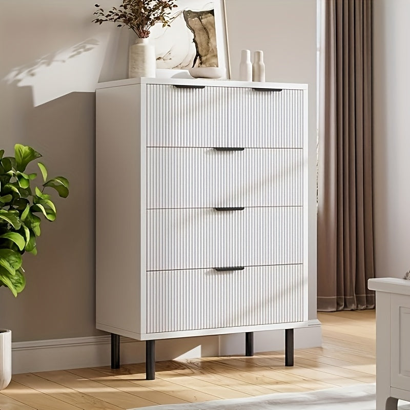 Wave Fluted 5-Drawer Dresser - Modern Wood Chest of Drawers with Wide Drawers, Anti-Tipping Device & Metal Legs, White & Black, 68.58cm Height, 3, 2 Cu Ft Storage, Perfect for Bedroom, Hallway, Entryway, Dresser for Bedroom,