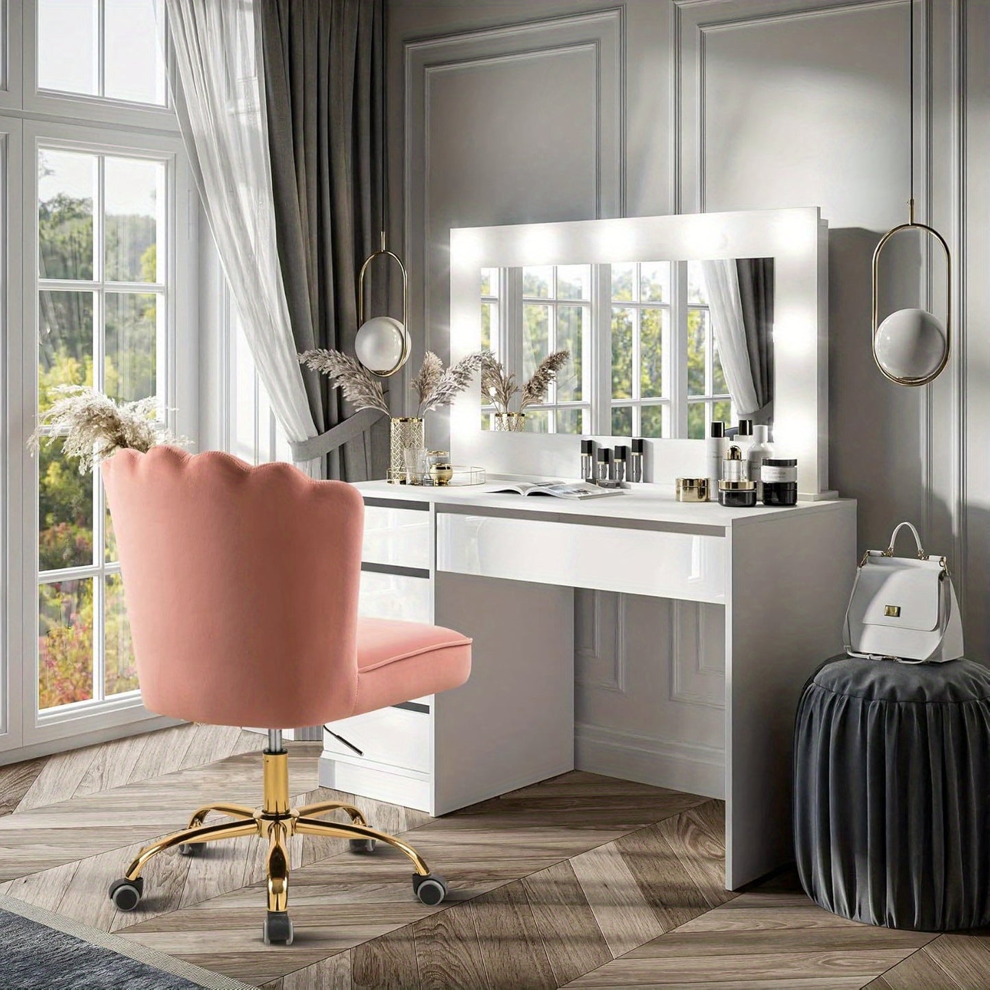 Velvet Bureaustoel – Draaistoel – Bureaustoel Met Wielen – Verstelbare Stoel – Ergonomische Stoel – Hoogwaardige Houten Basis – Comfortabele Zitting In Roze
