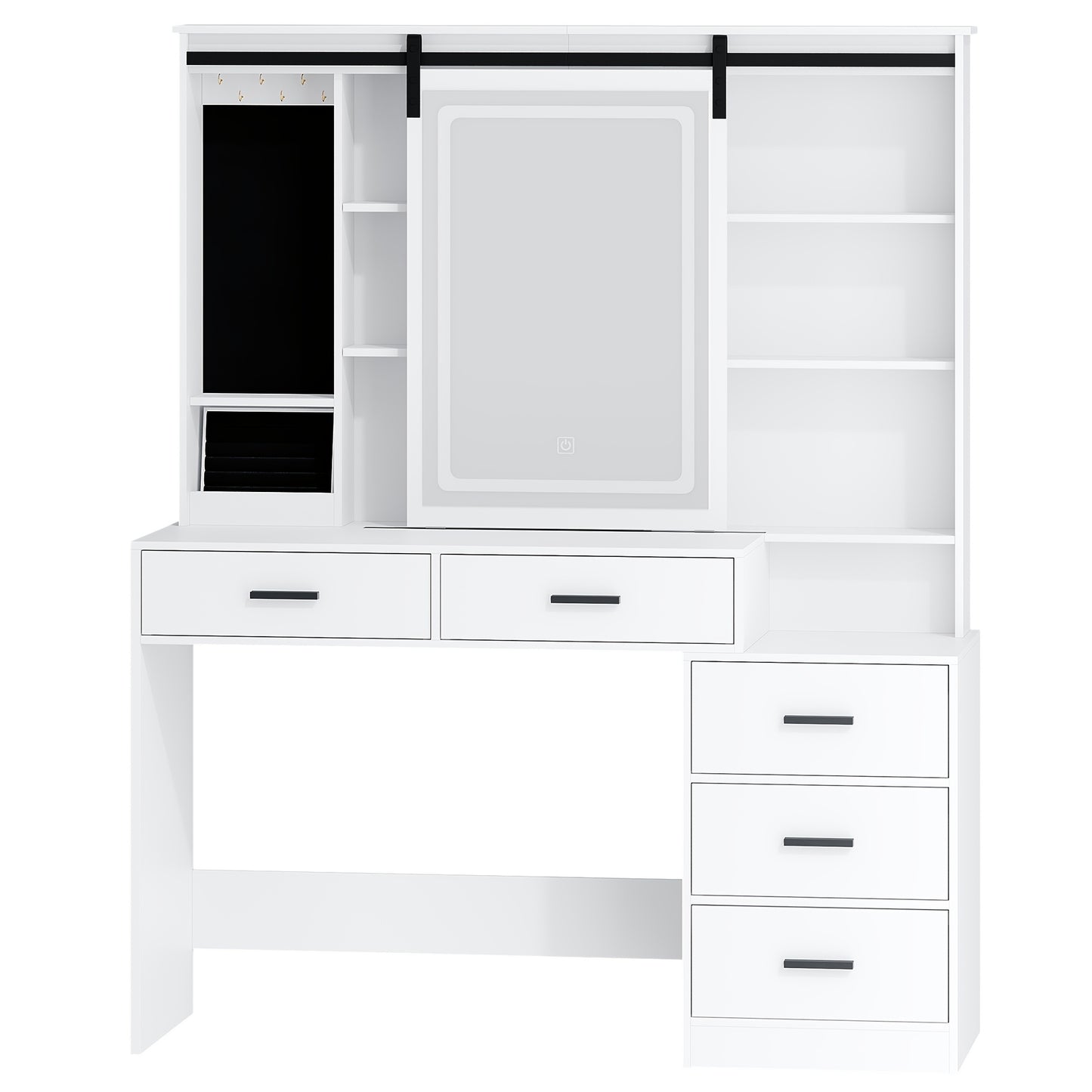 Jewelry Cabinet, Dressing Table with Adjustable LED Lights, Accessory Storage, Removable Large Mirror, with Jewellery Storage, Open Shelves, 5 Drawers, with Beside Table, for Bedroom, White, Jewelry Armoires, Mirror With Jewe - QUORE