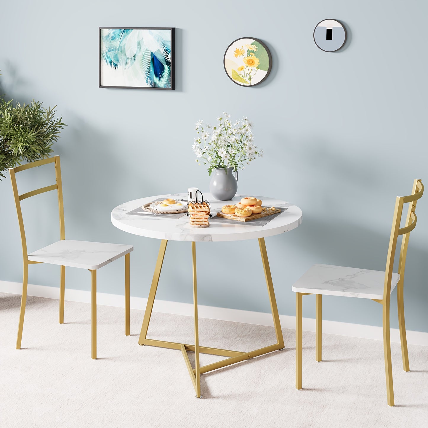 Eettafel Set – Eethoek – Keukentafel Set – Zitgroep – Eetkamer Set – Ronde Tafel 80 cm – MDF Marmerlook Met Gouden Metalen Frame – Compact & Duurzaam