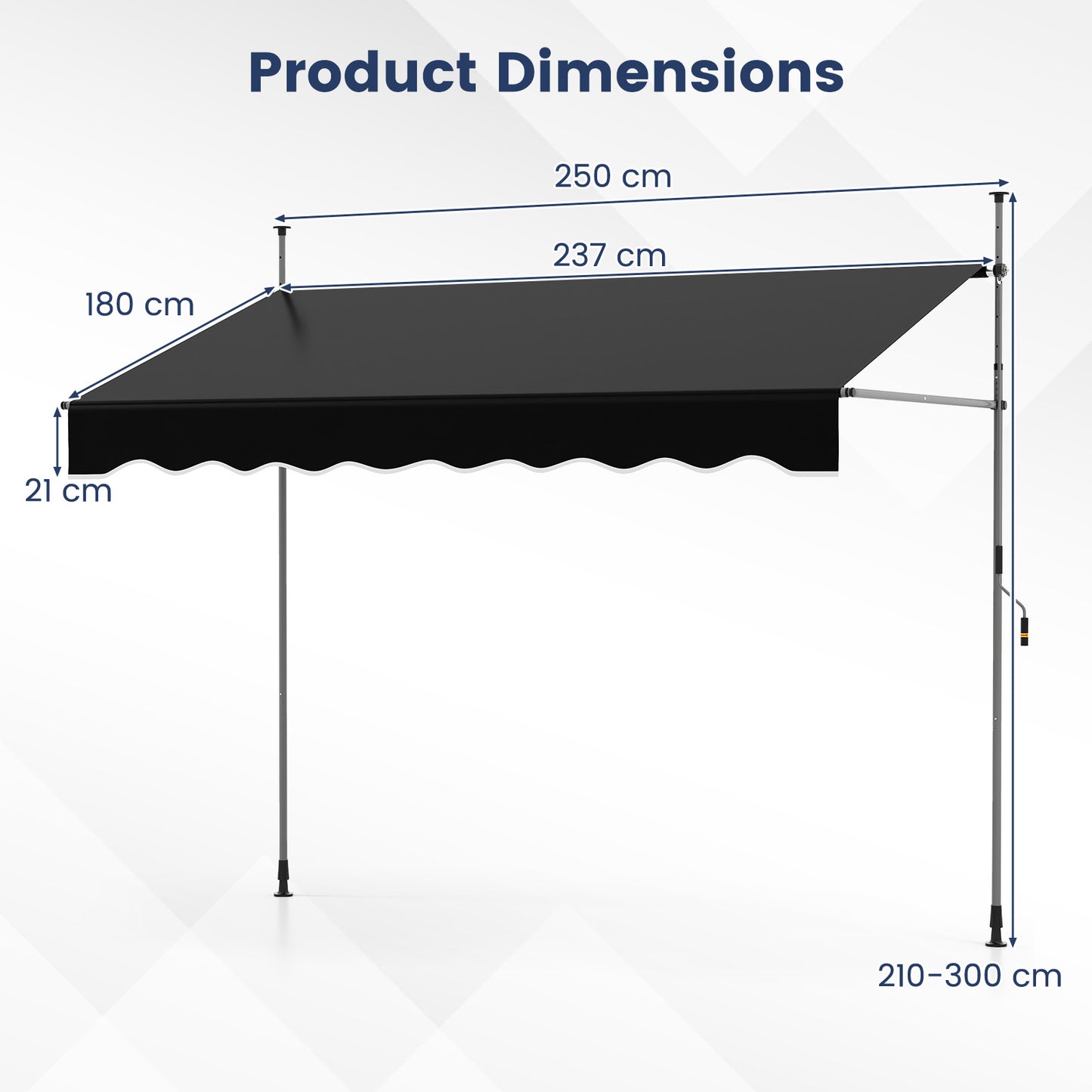 Uitschuifbare Zonwering – Terrasdoek – Balkonluifel – Markies – Zonnescherm – Handmatige Kurk Bediening – Stevige Metaalconstructie 2,5x1,8m