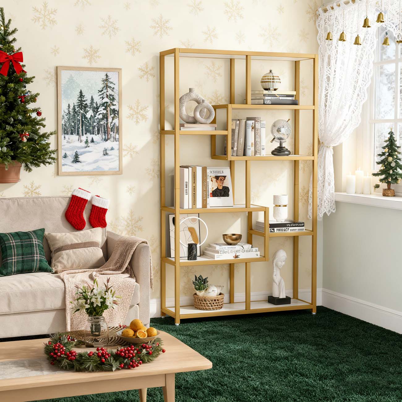 Boekenkast – Boekplank – Openkast – Vakkenkast – Wandrek – Wit Marmer/Goud – 8 Open Planken – Stevig Metalen Frame 180 cm
