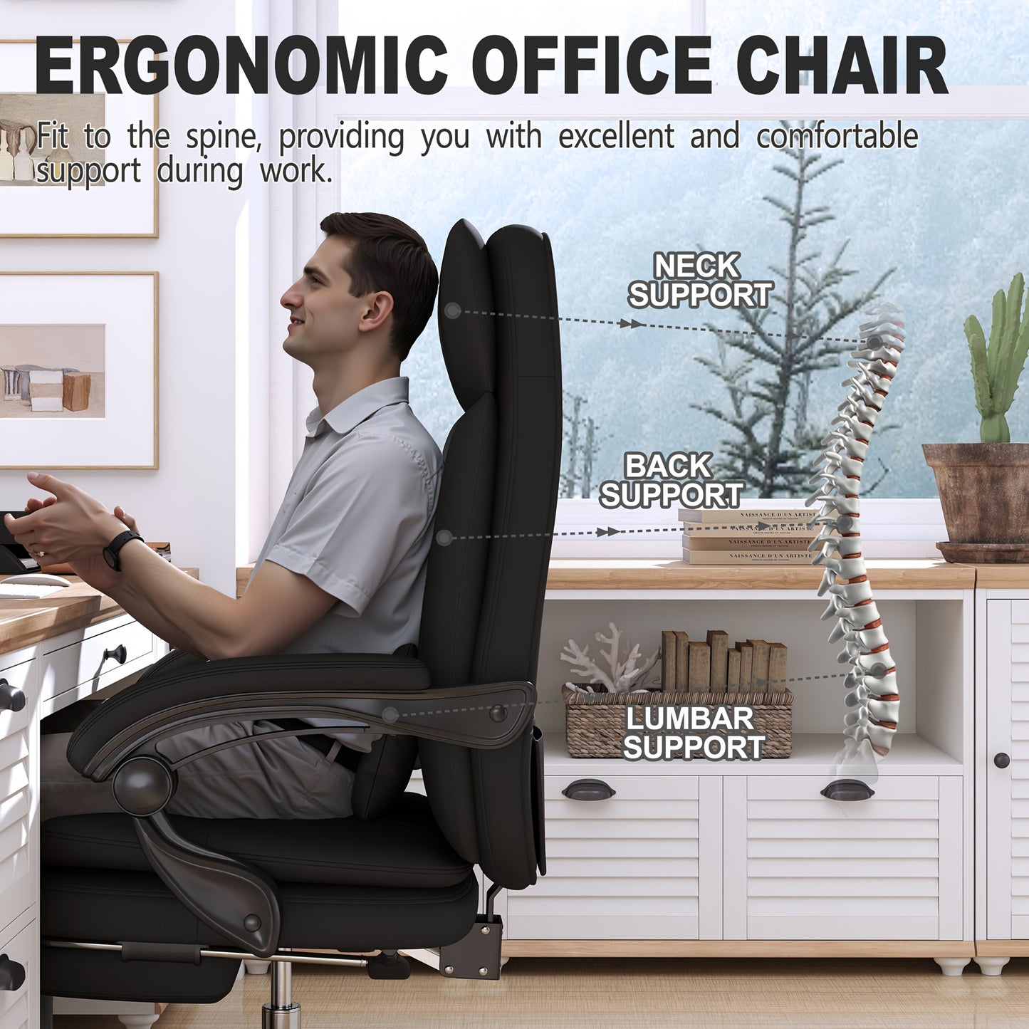 Ergonomische Bureaustoel – Bureaustoel Met Voetensteun – Comfortabele Werkstoel – Computestoel Zwart – Lendensteun Bureaustoel – Verstelbare Hoogte – PU Leer Met Rugondersteuning