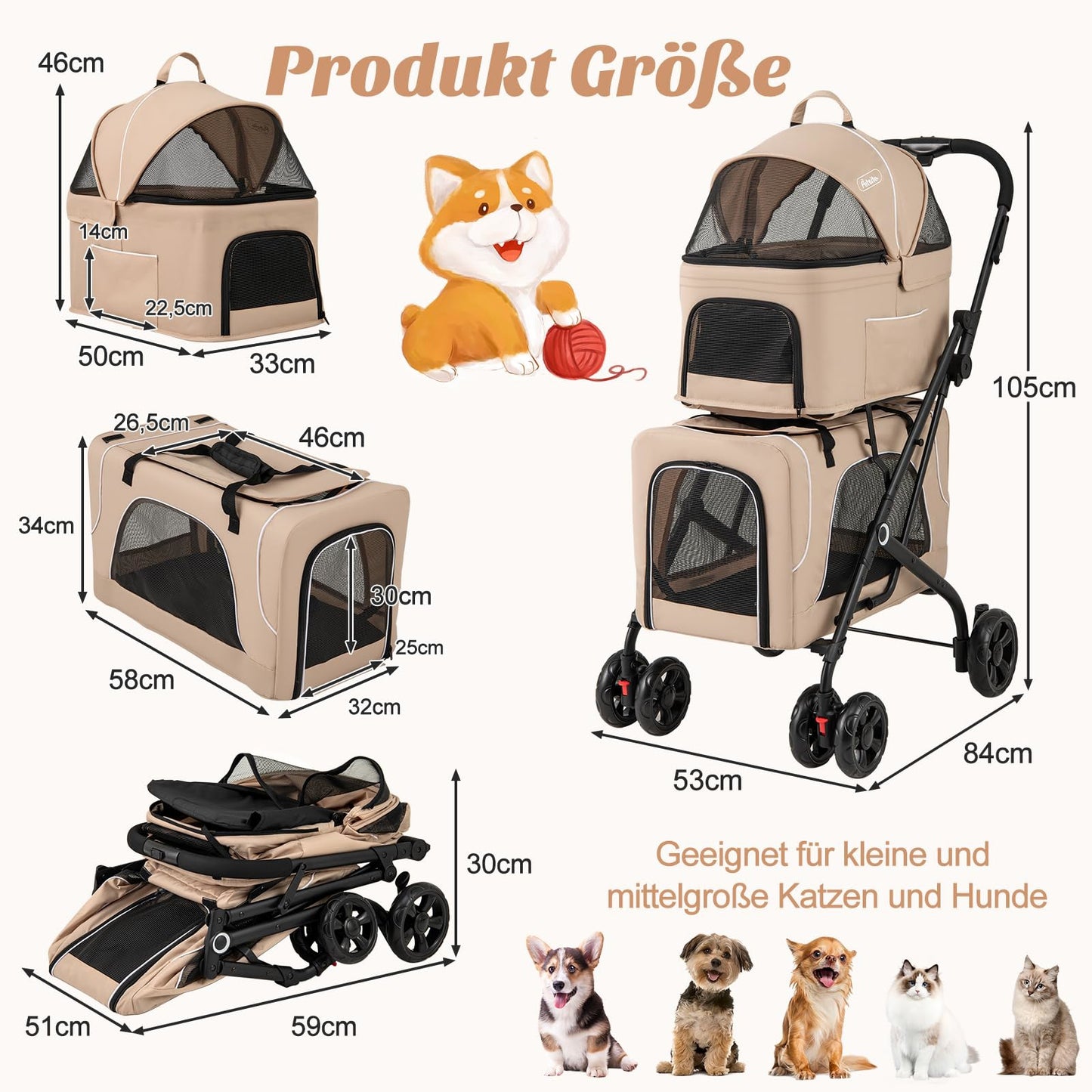 3 in 1 Folding 2 Level Stroller for Dog Cat, 2 Detachable Bags, Mesh Window, Wheels with Brakes