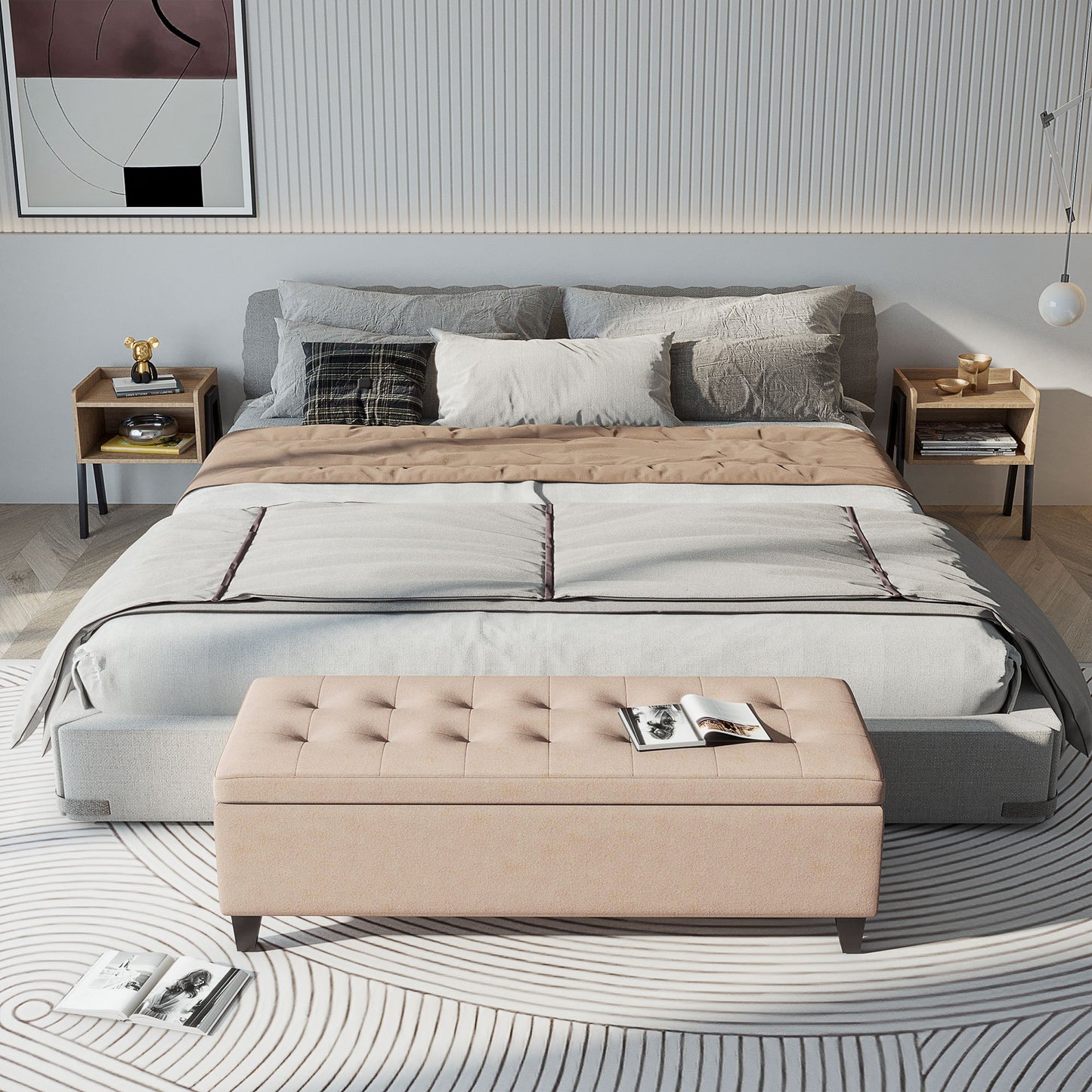 Bank – Sofa – Zitbank – Bench – Beige – Met Opbergruimte – Flanelstof Met Knoopjes – Draaggewicht 120 kg – 125 x 49 x 41,5 cm