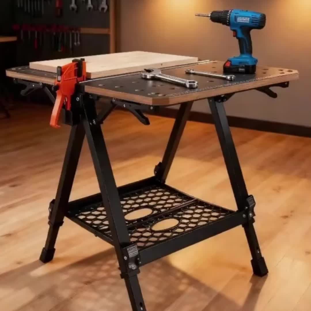 Heavy-Duty Folding Workbench with Large Table - 70x65cm MDF Tabletop & Q195 Steel Frame, Adjustable Height (60-92cm) - Heavyweight Capacity Suitable for Sawing, Sanding,, Workbench for Workshop,,