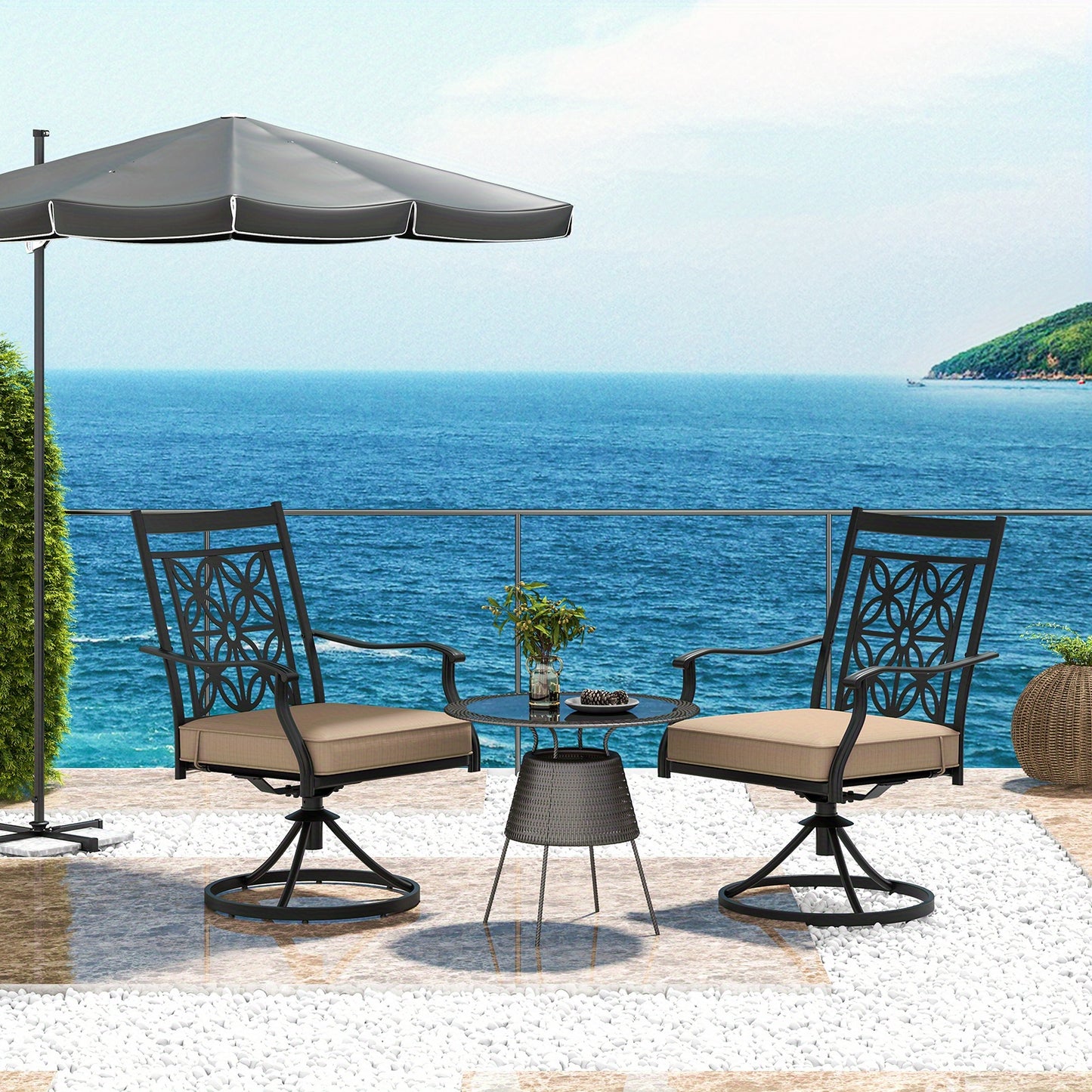 Patio Stoelen – Tuinstoelen – Balkonstoelen – Bistrostoelen – Draaistoelen – Metalen Frame – 360° Draaifunctie – Zachte Khaki Kussen