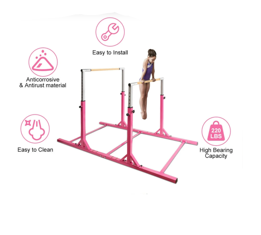 Gymnastiek Parallel Bars – Dubbele Stang – Trainingsrek – Turnrek – Kinder Gymnastiekrek – Verstelbare Breedte & 11 Hoogtes – 220 LBS Draagvermogen – Roze