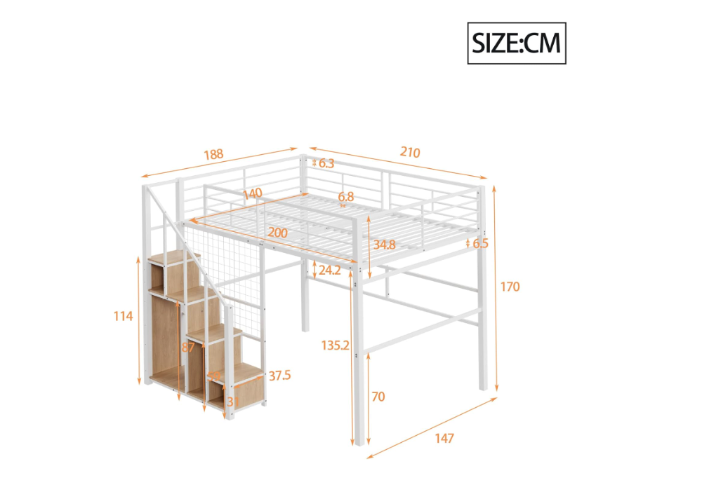Tienerbed – Jongerenbed – Stapelbed – Halfhoogslaper – Bed met Trap – Volwassenformaat 140x200 cm – Stevig Metaal Zonder Hout