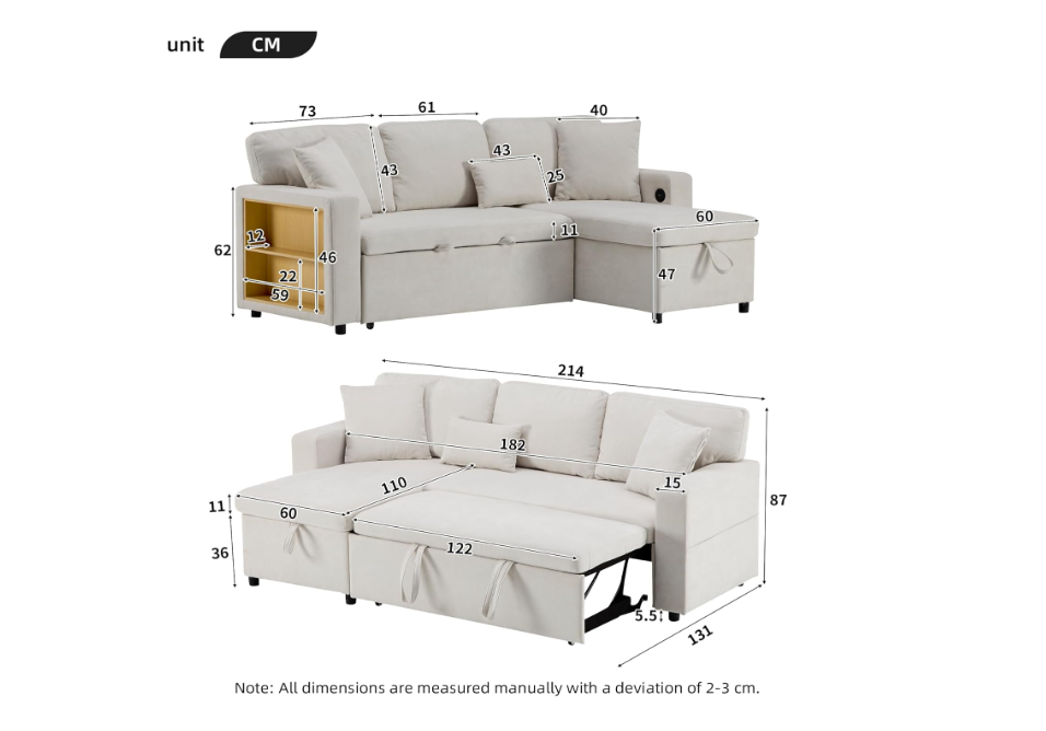 Hoekbank Bedbank – L-vormige Slaapbank – U-bank – Sofa Met Opberglade – Beige Stof – Moderne Woonkamer – Met Opbergruimte – Pull-out Slaapfunctie