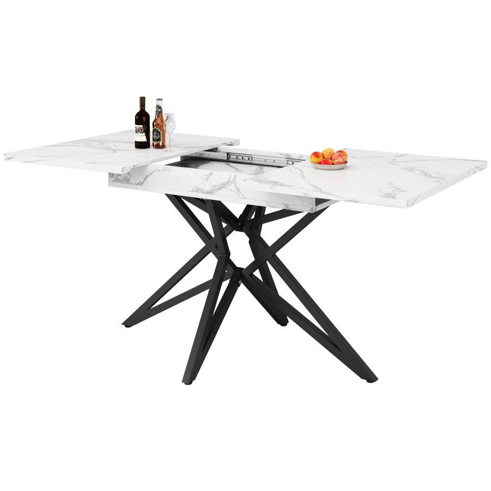 Uitschuifbare Eettafel – Verlengbare Tafel – Keukentafel – Ontbijttafel – Werktafel – Wit MDF Blad – Zwarte Metalen Stervormige Poten – 120x80 cm Uitbreidbaar Tot 160 cm