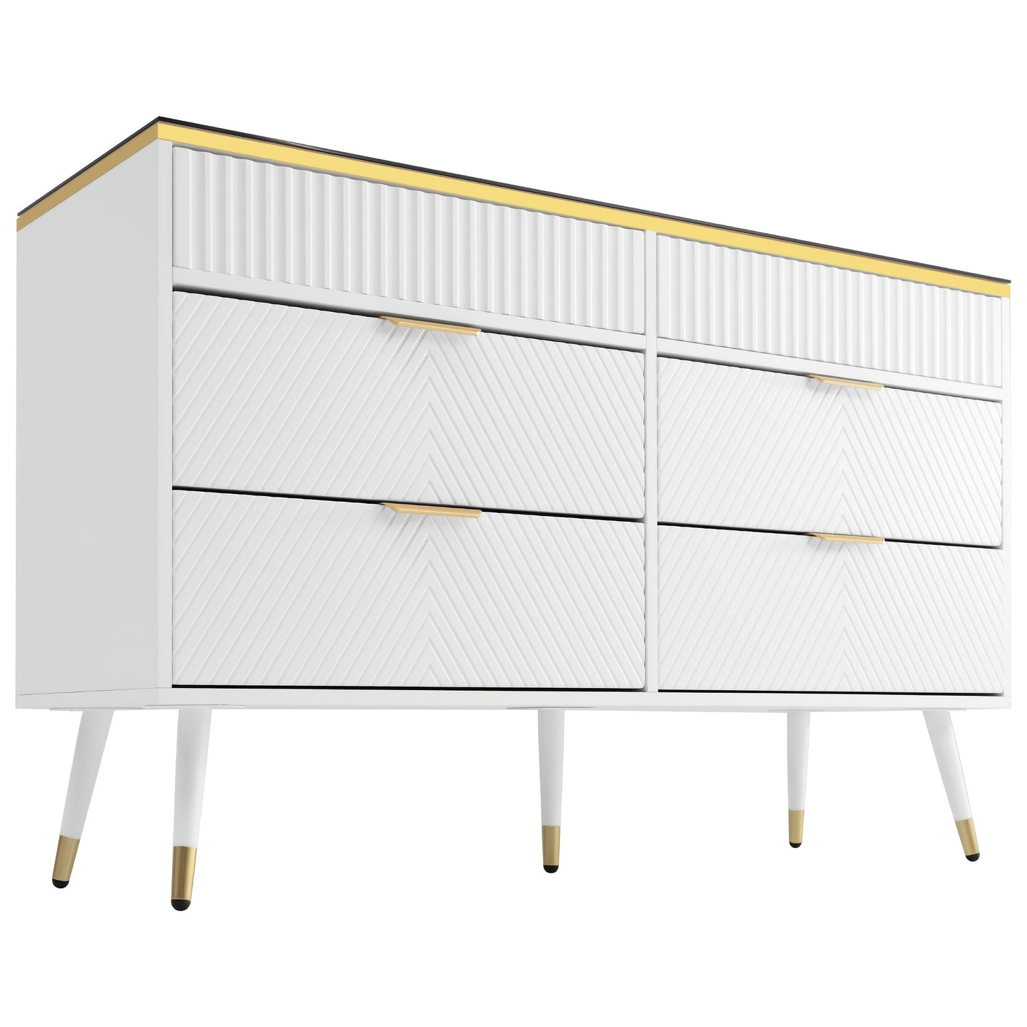 Ladekast – Kast – Commode – Opbergmeubel – Ladenkast – Wit met Amber Glas – Hardhouten Constructie – 6 Lades met Indeling – Anti-Kantel Veiligheid – 47,2 Kubieke Voet Opslag – 120 cm Hoog