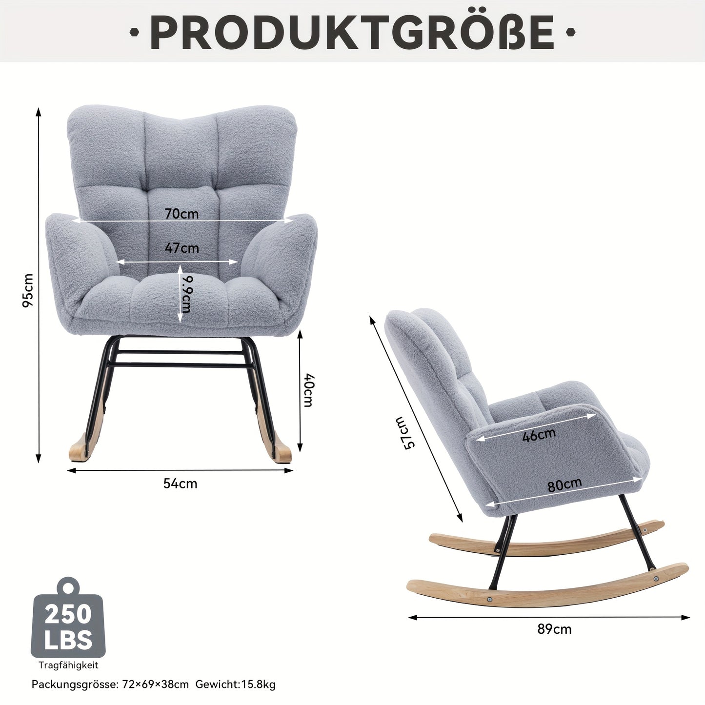 Mid-Century Modern Teddy Cloth Rocking Chair with Tufted Cover And Upholstered Seat for Living Room And Bedroom, Light Gray