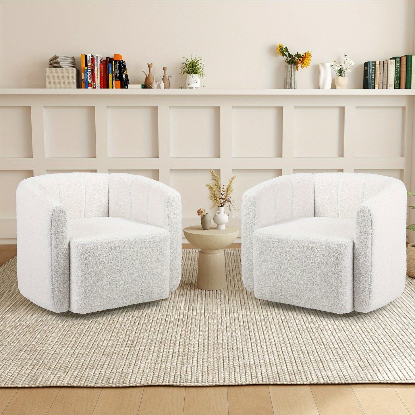 GOFLAME Modern Swivel Barrel Chair with Plush Upholstery - White Ergonomic Design, Curved Backrest & Armrests, Sturdy Hardwood Frame, Easy Assembly for Living Room, Bedroom, Office, Office Relaxation Chair, Contemporary Furni