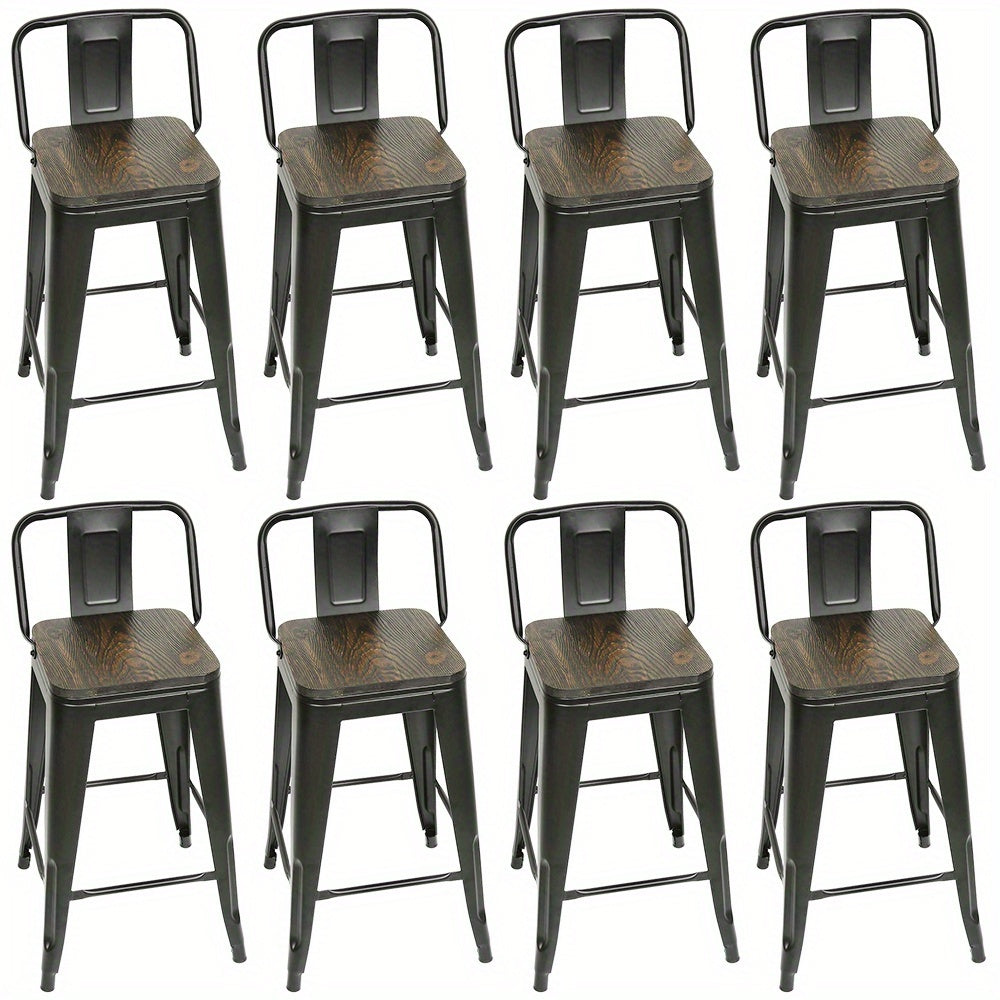 Barkrukken – Barkruk – Barstoelen – Krukken – Hoge Stoelen – Set Van 8 Industriële Barkrukken Met Houten Zitting En Rugleuning – Stevig Metalen Frame – Verwijderbare Zitvlak En Rugleuning
