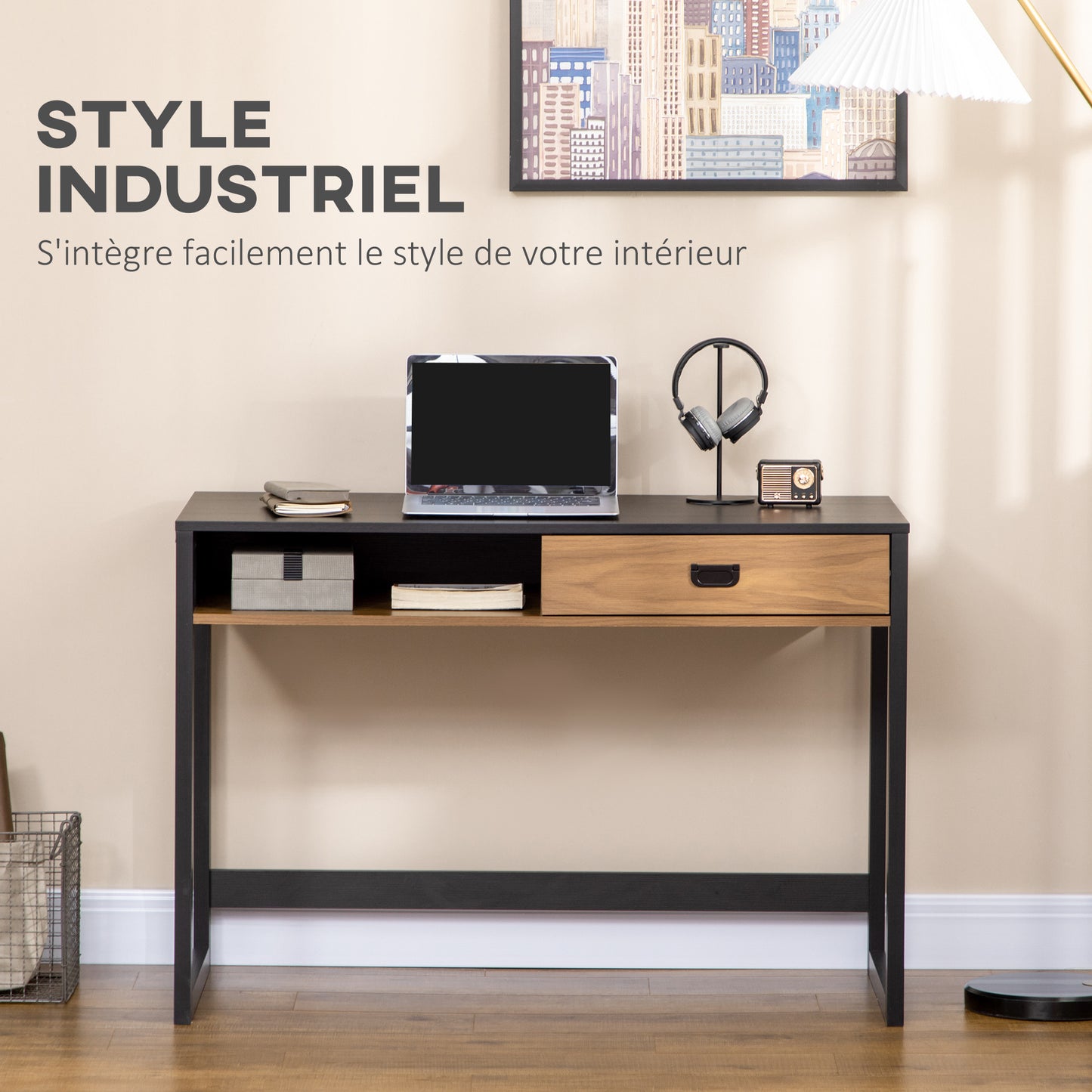Computertafel – Computerbureau – Bureautafel – Laptoptafel – Werkbureau – Industrieel Design – Groot Werkblad 110x50 cm – Walnoothout Look Met Lade