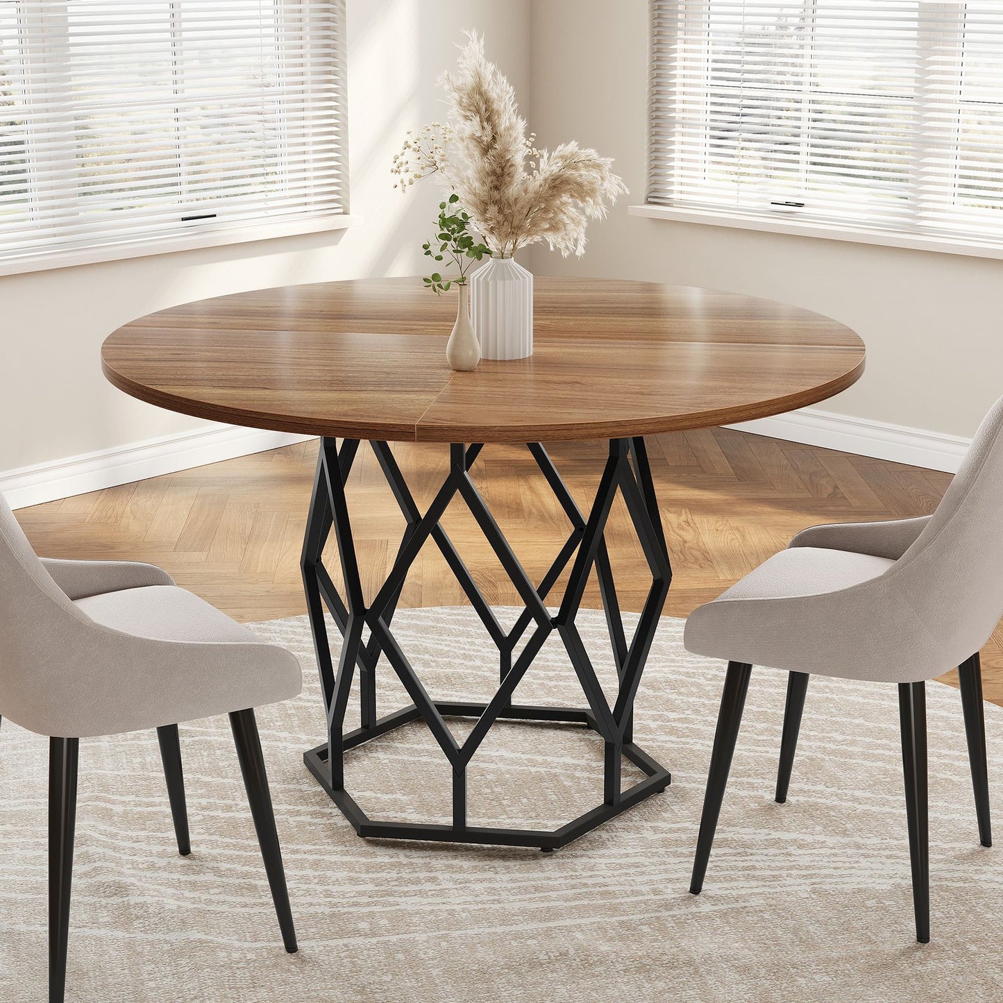 Ronde Eettafel – Ronde Tafel – Tafel Rond – Houten Eettafel – Houten Tafel – 120 cm Diameter – Massief Hardhout Metalen Onderstel – Geschikt Voor 4-6 Personen – Eenvoudige Montage – Stevig & Duurzaam Design