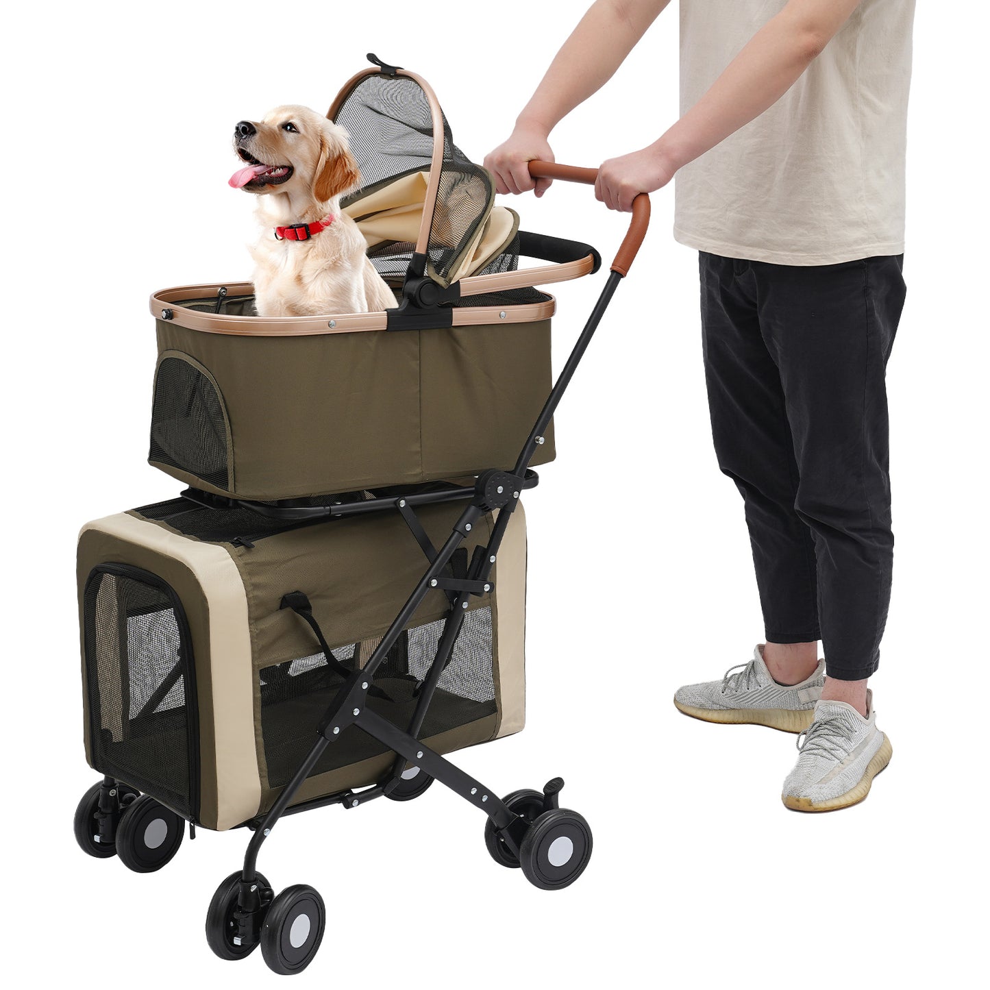 2-Tier Pet Stroller | Premium Materials, Breathable and Comfortable, Multifunctional Design, Easy to Store and Carry, Suitable for Cats and Dogs, NaMaSyo, Army Green