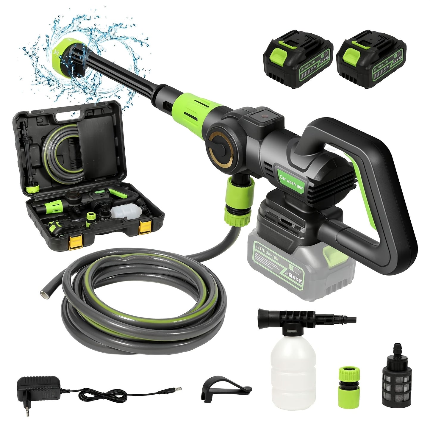 Hogedrukreiniger – Hogedrukspuit – Autoreiniger – Draadloze Spuit – Terrasreiniger – 1200W Brushless Motor – 6-in-1 Multifunctionele Sproeikop – Met 2 Accu’s