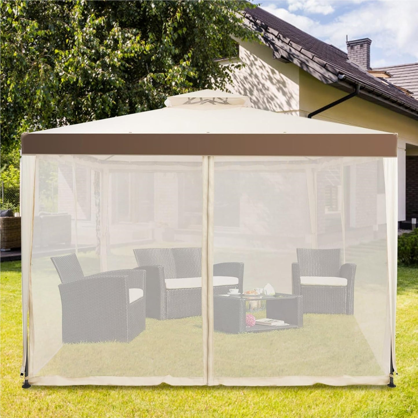 Paviljoen – Tuinkamer – Partytent – Zonnescherm – Buitentent – 3x3 meter – Waterafstotend polyester met insectennet – Roestvrij stalen frame