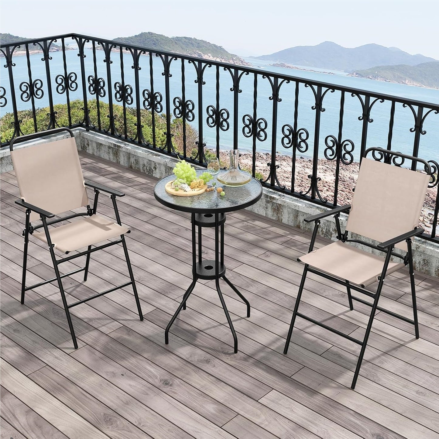 Bistro Tafelset – Balkonset – Tuinmeubelset – Zithoek – Buitentafel Met Stoelen – Gehard Glas – Inklapbare Stoelen – Weerbestendig Beige