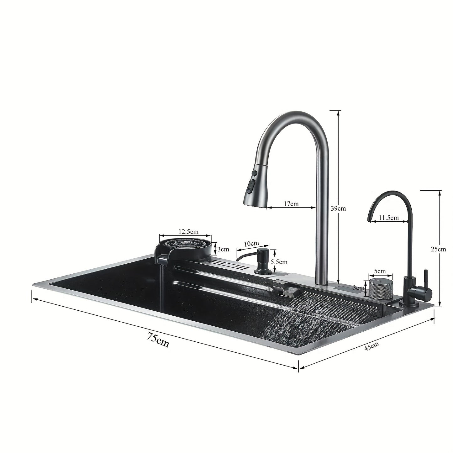 Keukenspoelbak – Spoelbak – Gootsteen – Wasbak – Spoelbakken – RVS – Onderbouw – Waterval Kraan – 76,2x45,97x20,5 cm – Gun Gray