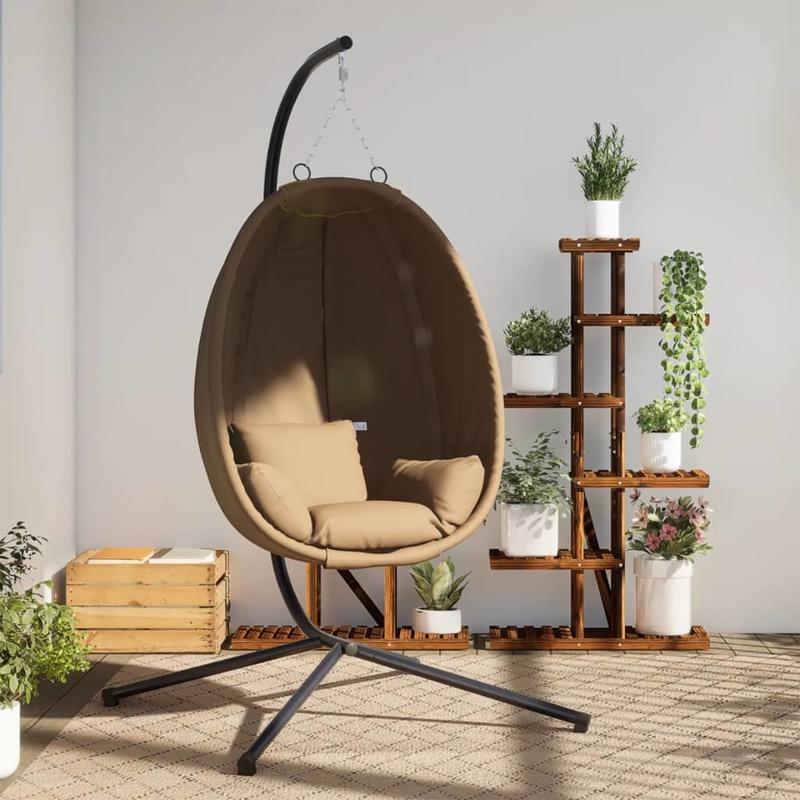 Hangstoel – Hangfauteuil – Hangstoel met Standaard – Tuinstoel – Hangmand – Taupe Kussen – Zwart Stalen Frame – Compact Design – Tot 150 kg Belastbaar