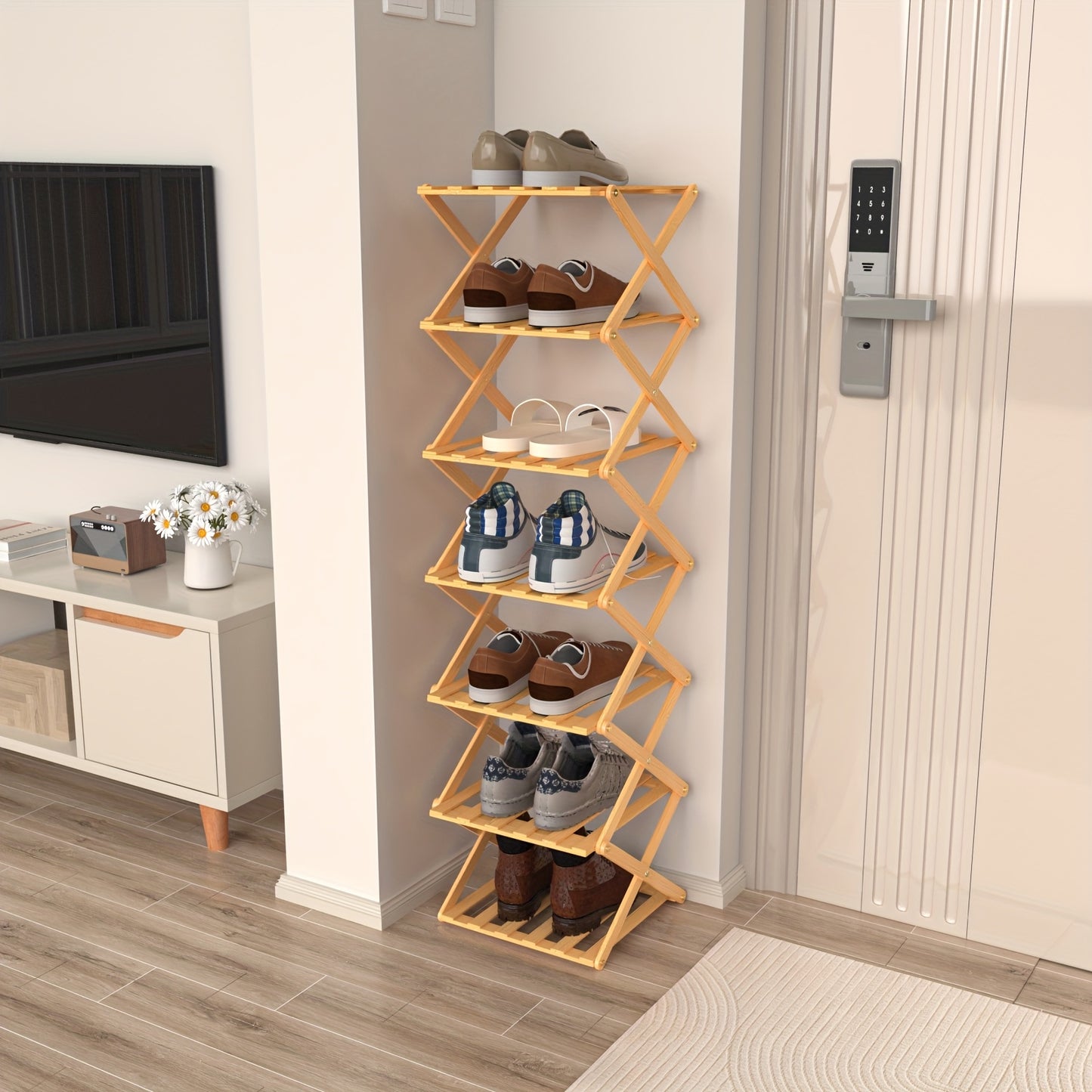Schoenenkast – Schoenenrek – Schoenenopberger – Schoenenrekje – Hal Organizer – 7 Lagen – Opvouwbaar – Bamboe & Kunstboard – Smal & Vrijstaand – 25x25x125 cm