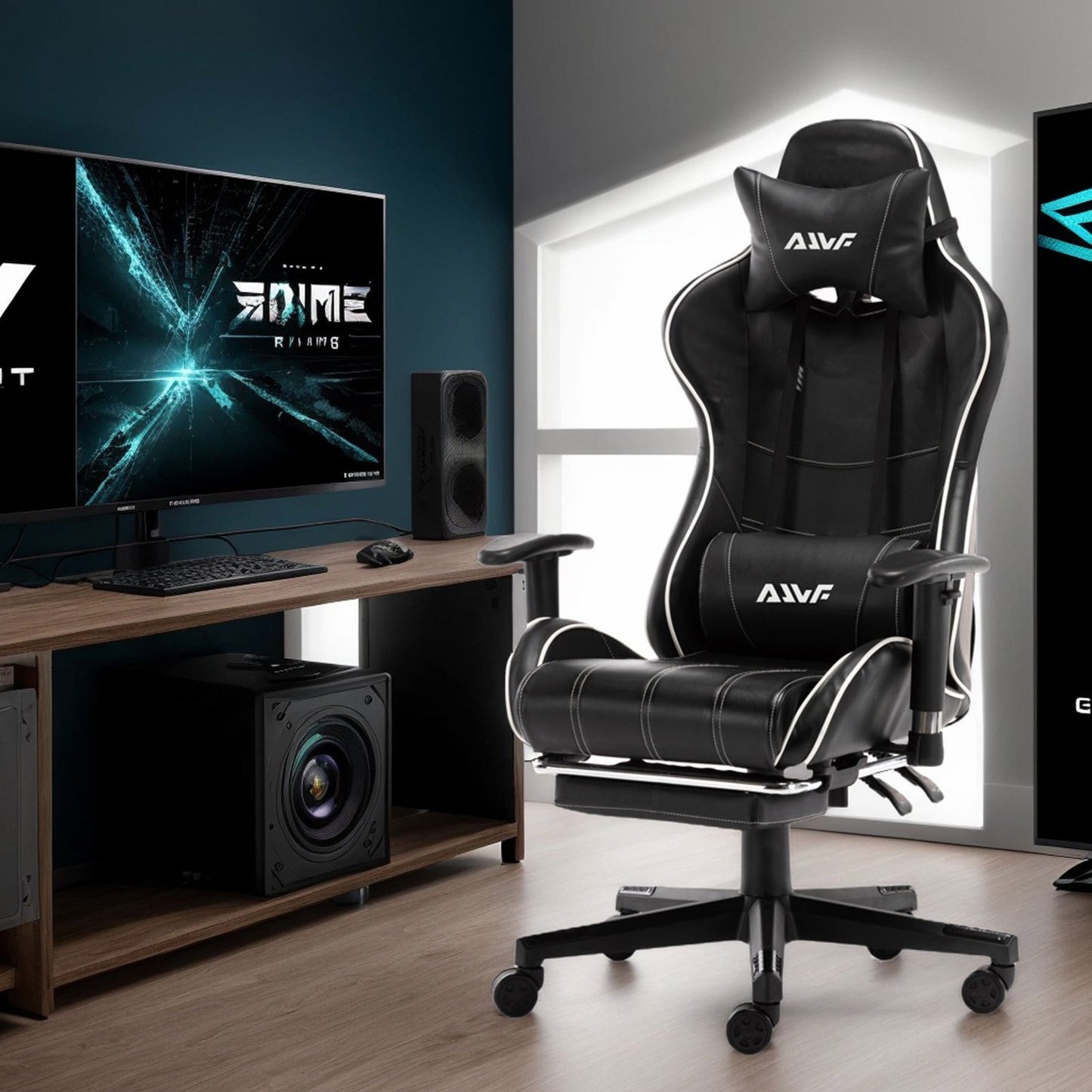 Gamingstoel – Game Stoel – PC Stoel – Bureaustoel – Racestoel – Ergonomische Lendensteun – Verstelbare Rugleuning met Voetensteun – Zwart Wit PU Leder