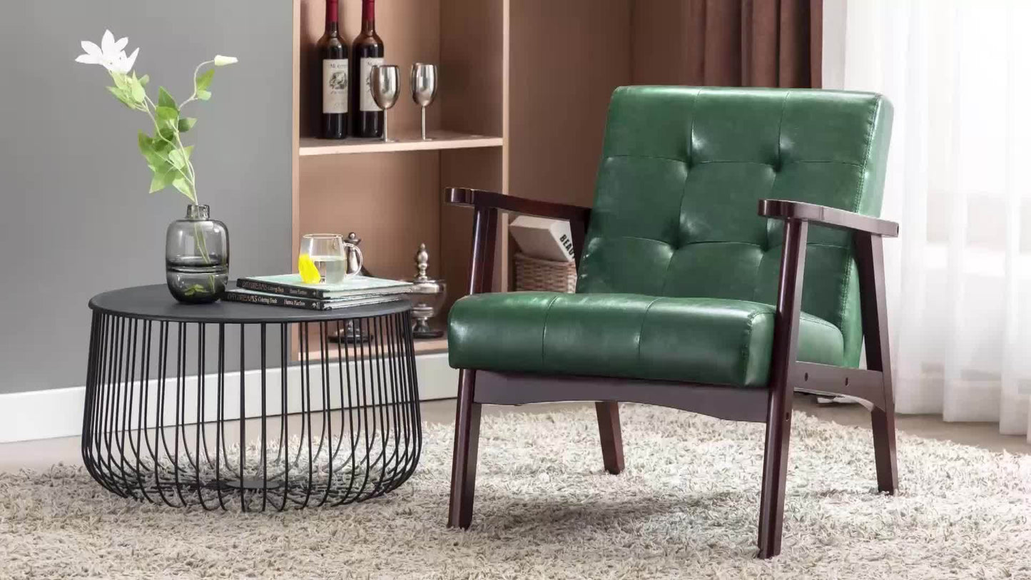Mid-Century Modern Fauteuil – Lounge Stoel – Slaapfauteuil – Chaise Lounge – Zetel – Donkergroene PU Leder – Massief Houten Frame – Comfortabele Gewafelde Rugleuning
