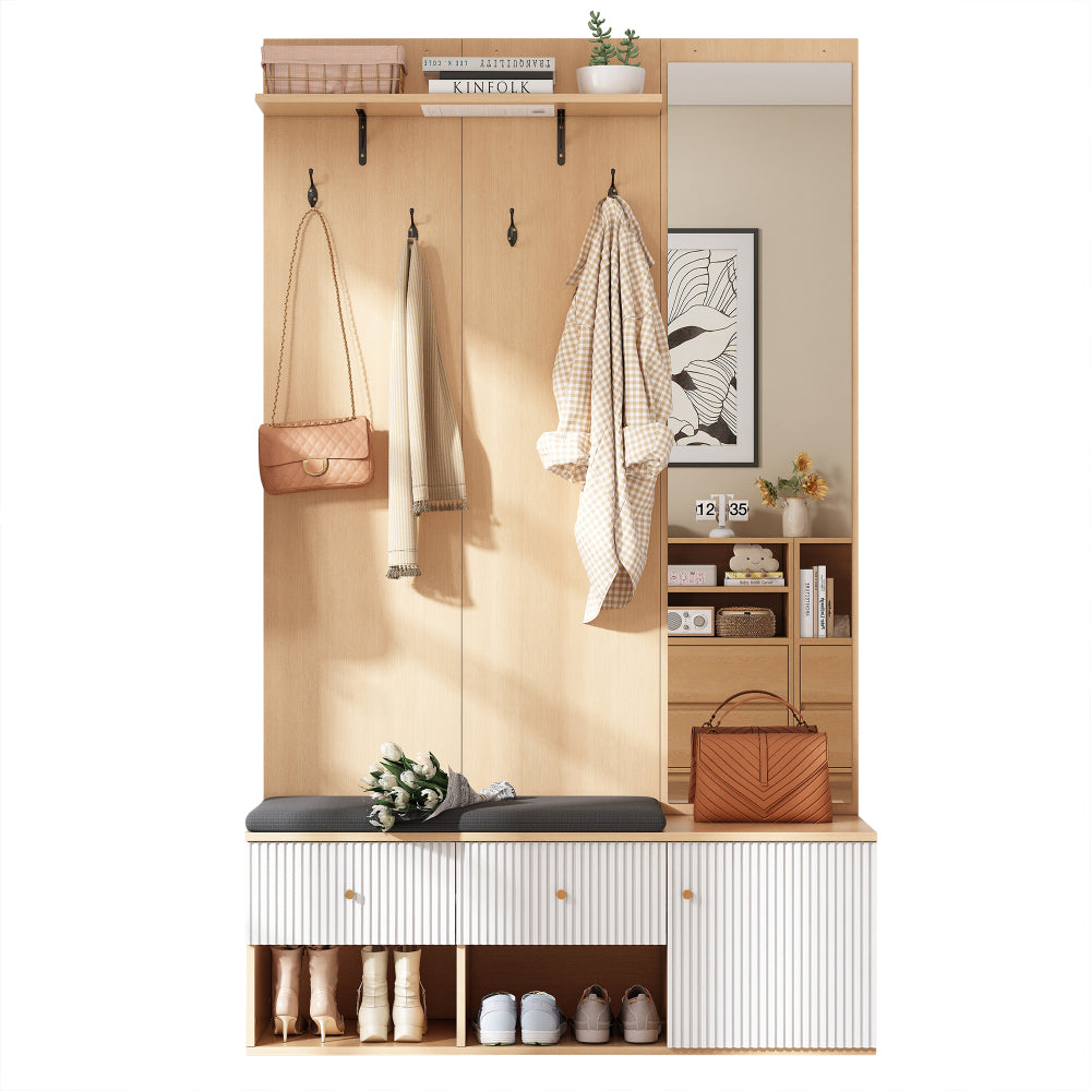 Halmeubel – Kapstok – Schoenenkast – Garderobekast – Schoenenbank – Met Spiegel – Gepolsterde Zitbank – Multifunctioneel Opbergmeubel 120x40x200 cm