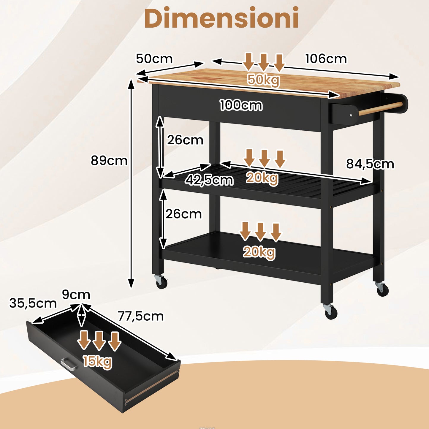 Keukentrolley – Keukenwagen – Serveerwagen – Werkbladwagen – Opbergwagen – Houten Werkblad – Grote Lade – 2 Open Planken – Wieltjes Met Remmen – Compact 106x50x89 cm