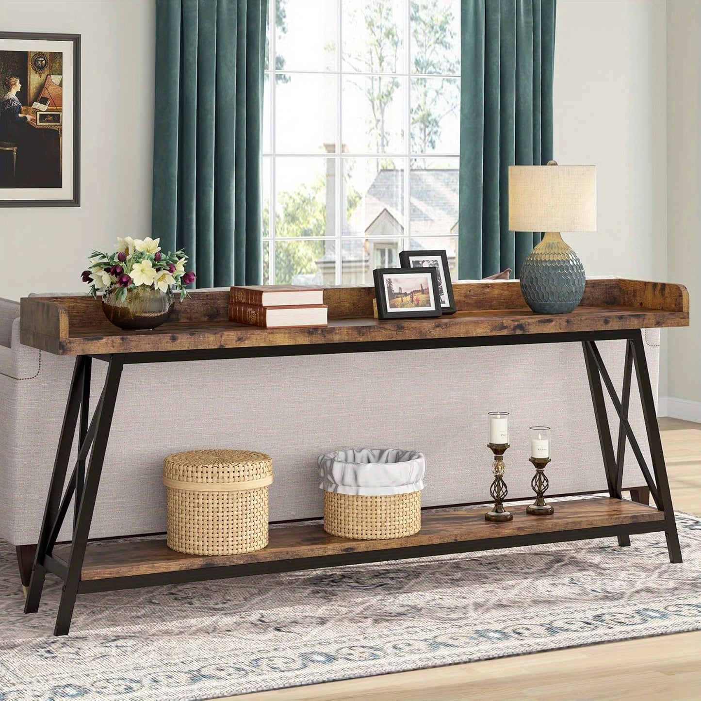 Rustieke Industrieel Sofa Console Tafel – Sidetable – Haltafel – Bartafel – Wandtafel – Bruin/Zwart – 180 cm Lang – Met Opbergruimte En Verstelbare Poten