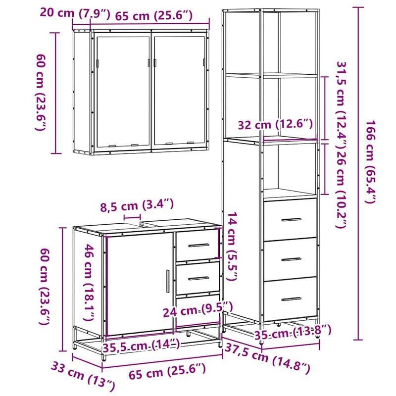 Badkamermeubel – Badmeubelset – Wastafelmeubel – Badkamerkast – Onderbouwkast – 3-delig – Bruine Eikenlook – Duurzaam Hardhout – Zonder Elektriciteit