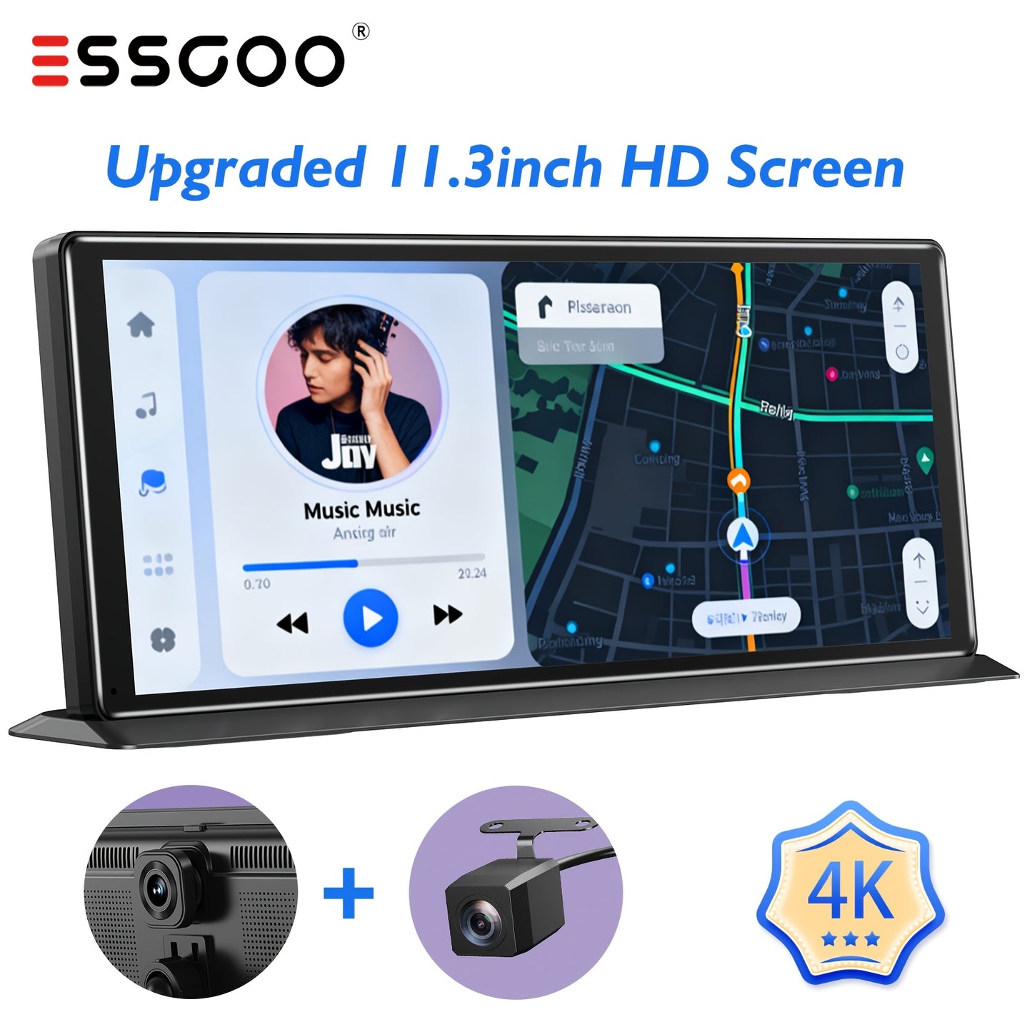 CarPlay Systeem – Draadloze Autostereo – Android Auto Interface – Touchscreen Navigatie – Dashcam – 11,3 Inch IPS Scherm – 4K Voorcamera & 1080P Achteruitrijcamera