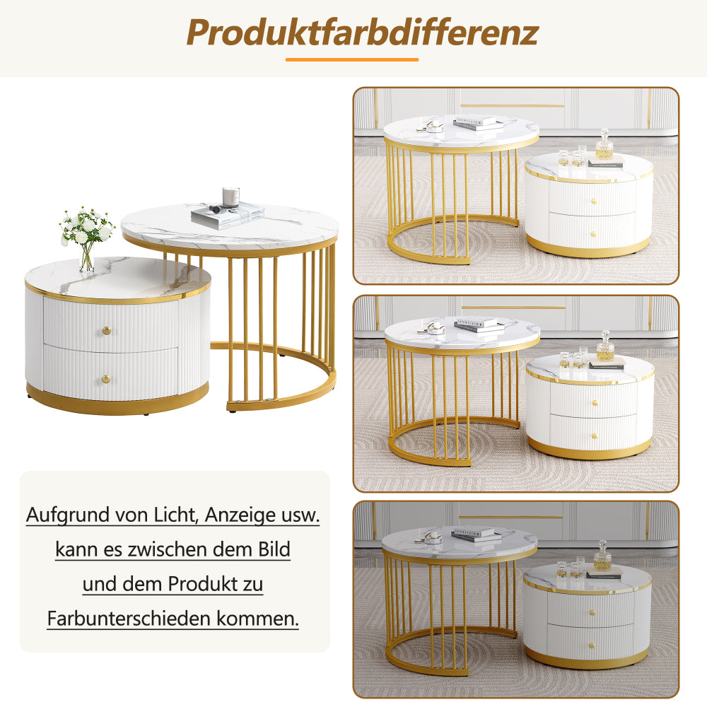 Modern Nesting Coffee Table Set with Two Drawers - Space-Saving Stackable Design, Marble-Like Round Tabletops, Metal Frame & High-Gloss Finish, 60x60x45.5cm & 50x50x32cm, 30kg Weight Capacity, Easy Assembly for Small Living R