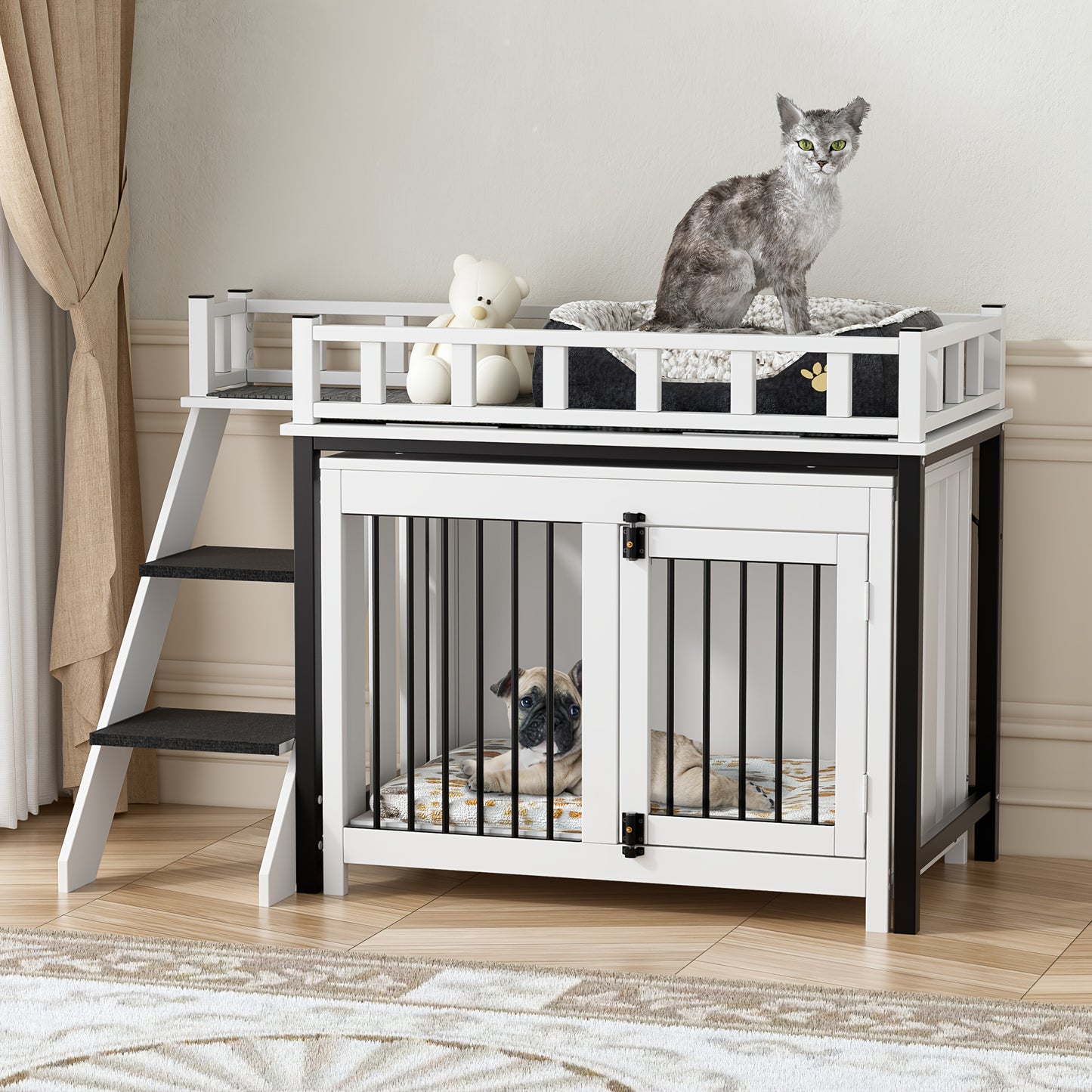 Hondenhok – Hondenhuis – Hondenkennel – Huisdierhuis – Hondenbench – Dubbel Houten Huisje Met Trap – Geschikt Voor Middelgrote En Grote Honden – Duurzaam Wit Design 120x56x65 cm
