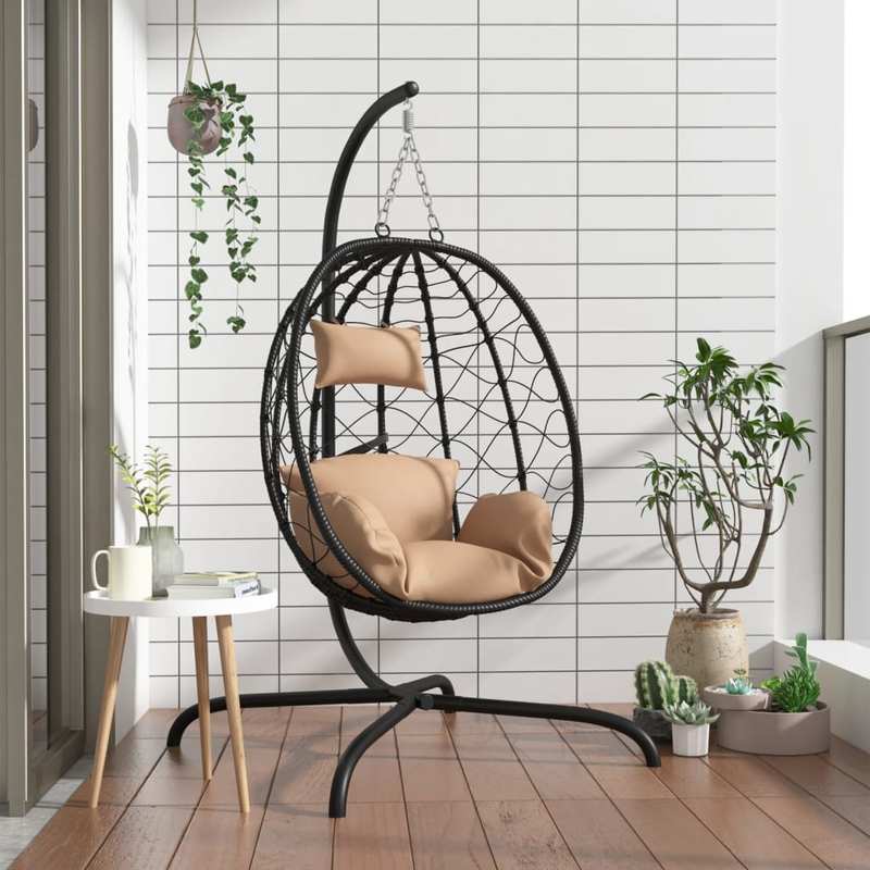 Hangstoel – Hangfauteuil – Schommelstoel – Loungestoel – Tuinstoel – Egg Chair – Taupe Kussen – Weerbestendig Synthetisch Rattan – Stabiel Stalen Frame – Tot 150 kg