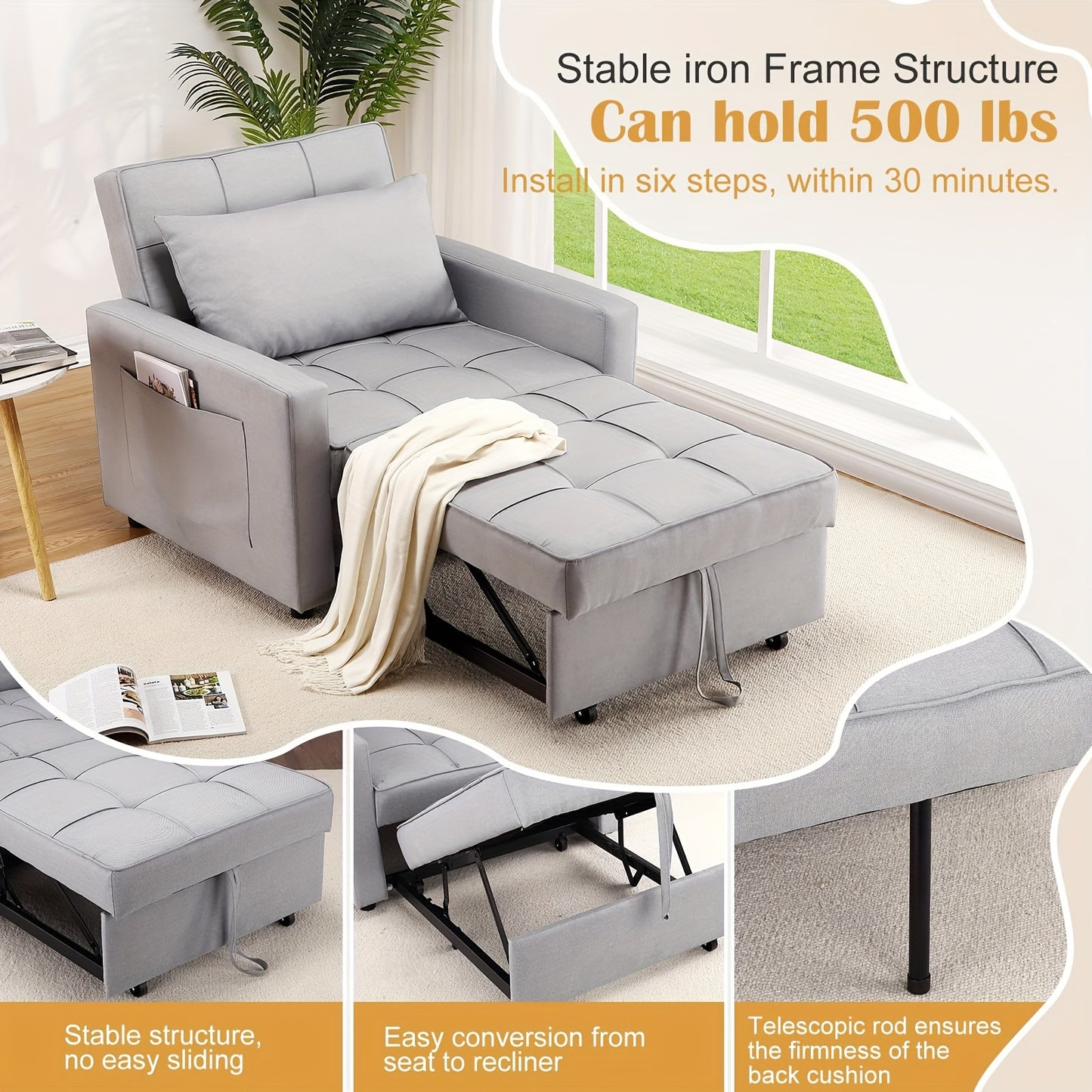Slaapbank – Bedbank – Slaapstoel – Zetelbed – Slaapfauteuil – Lichtgrijs Linnen – 3-in-1 Multifunctioneel – 86x192 cm Uitklapbaar