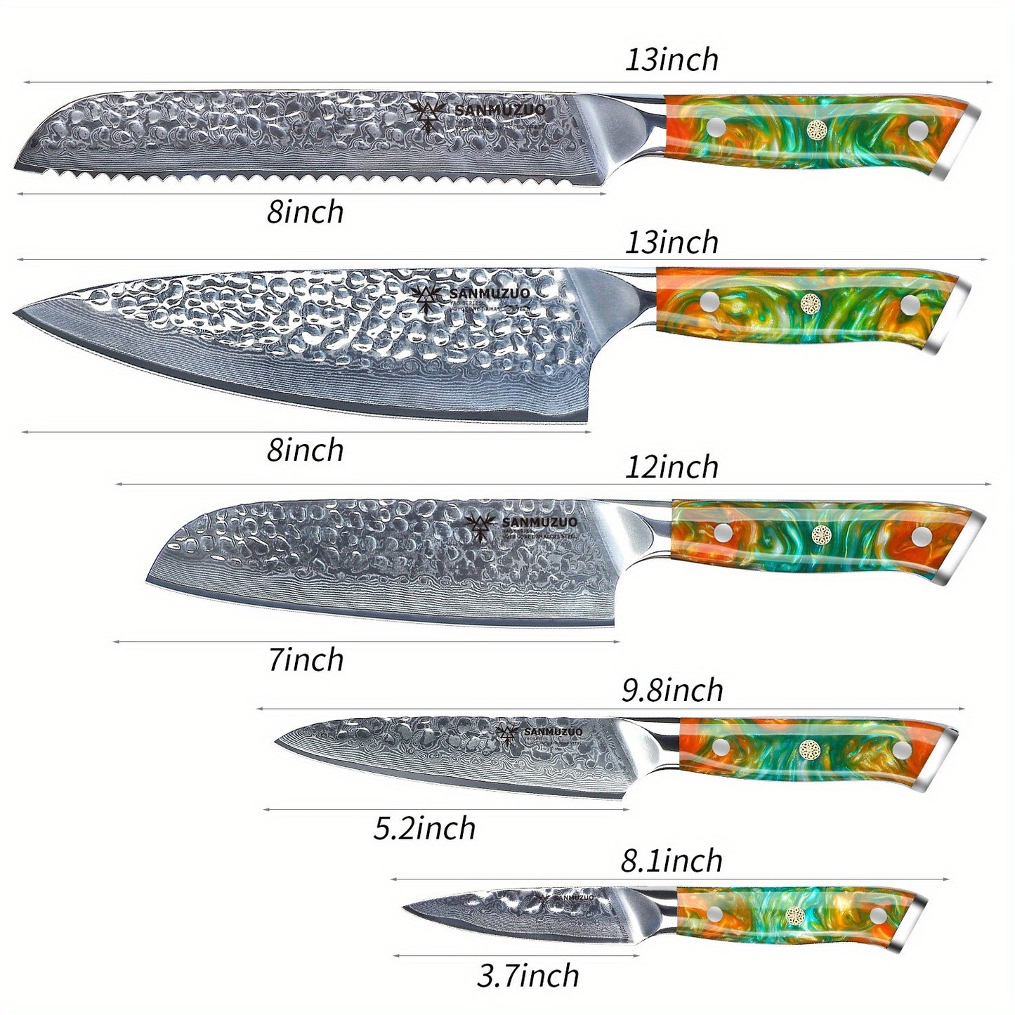 Damascus Kitchen Cooking Knife Set, Ultra Sharp Japanese VG-10 Steel with Resin Handle, Professional Kitchen Chef Knife Perfect Gift, Fantasy Orange Of YAO Series